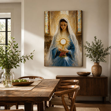 Our Lady of the Blessed Sacrament Canvas Print, Virgin Mary with Holy Eucharist Catholic Wall Art, Faith Home Decor Gift