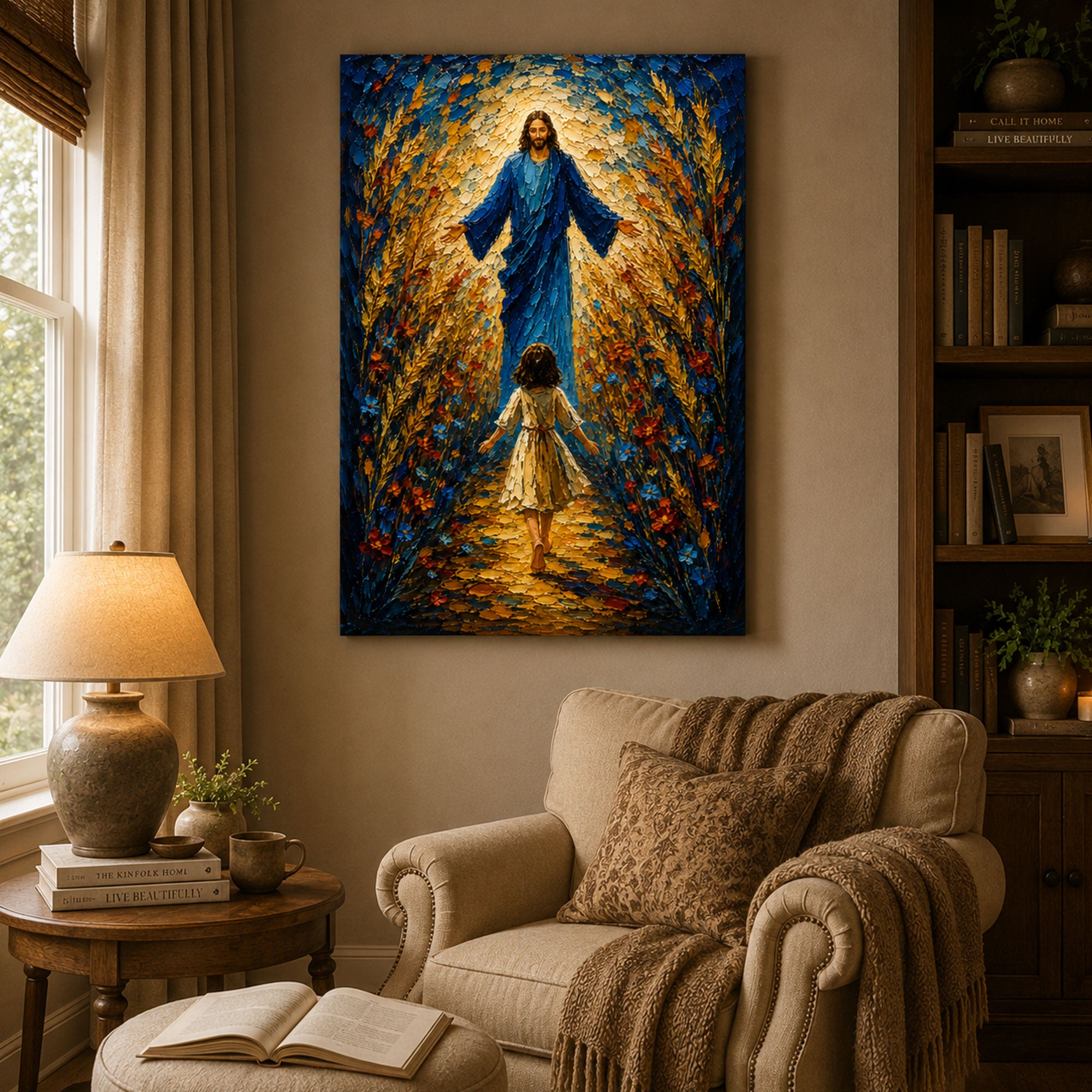 Jesus Welcomes a Little Girl Canvas Print, Christian Child Faith Wall Art, Walk With Jesus Home Decor