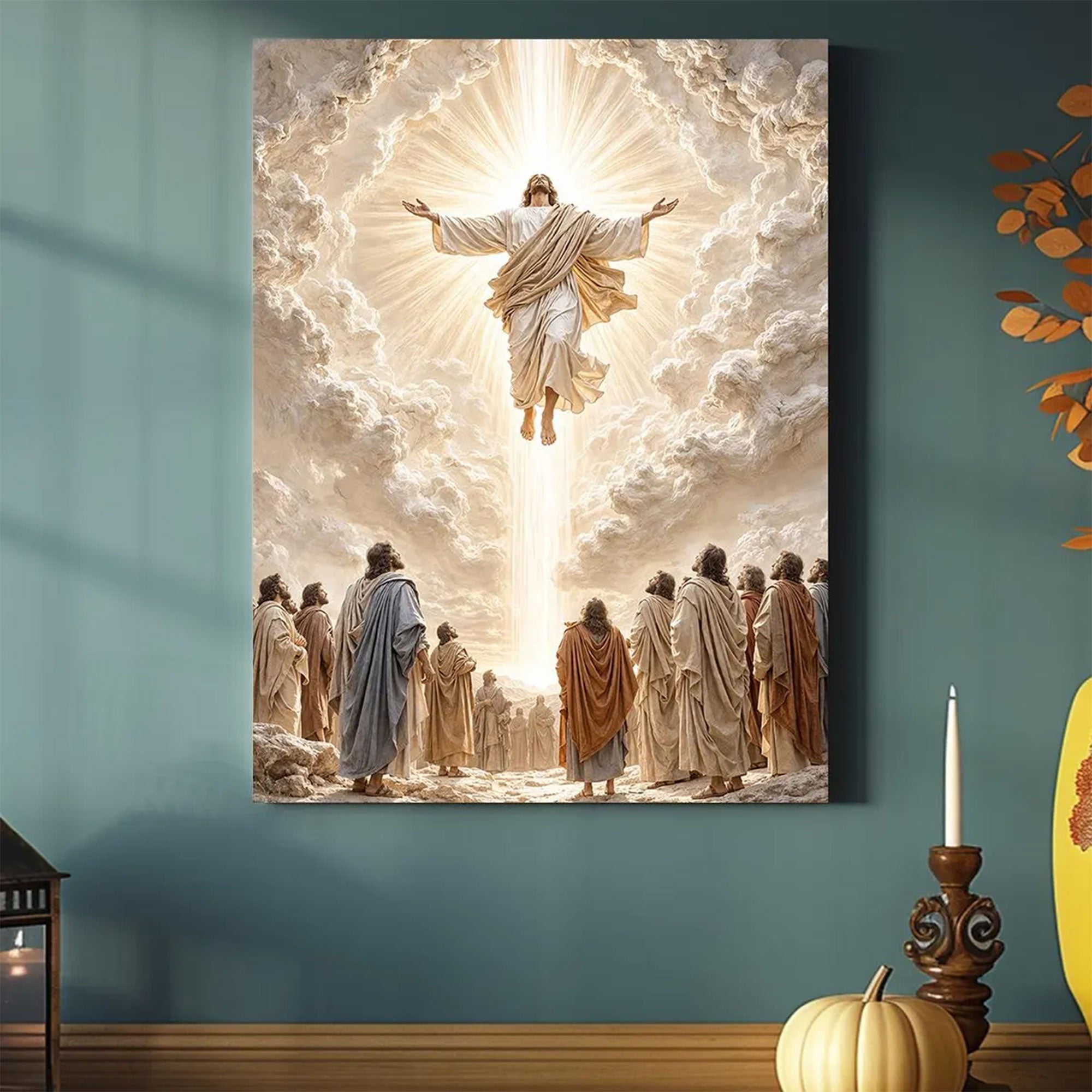 Jesus Ascension Canvas Wall Art, Risen Christ Heaven Scene, Christian Faith Decor