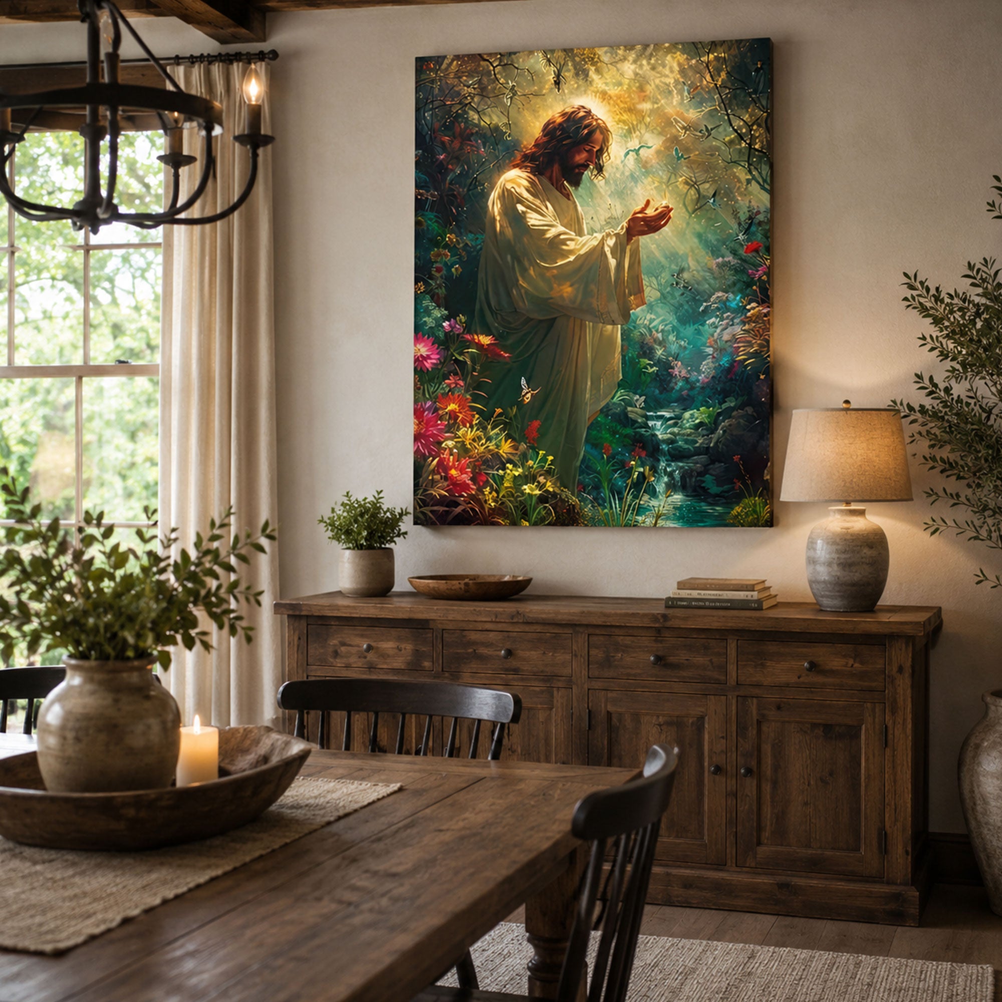 Spiritual Harmony Canvas Wall Art, Jesus Enchanted Garden, Peaceful Christian Faith Home Decor