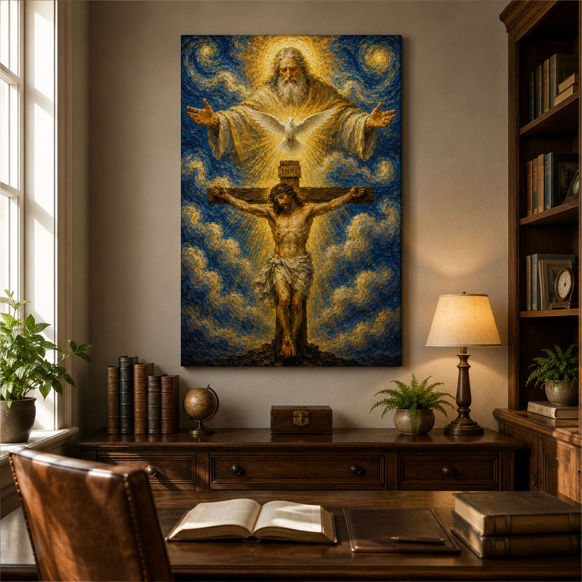 Holy Trinity Crucifixion Canvas Print, God the Father Jesus Cross Holy Spirit Catholic Wall Art