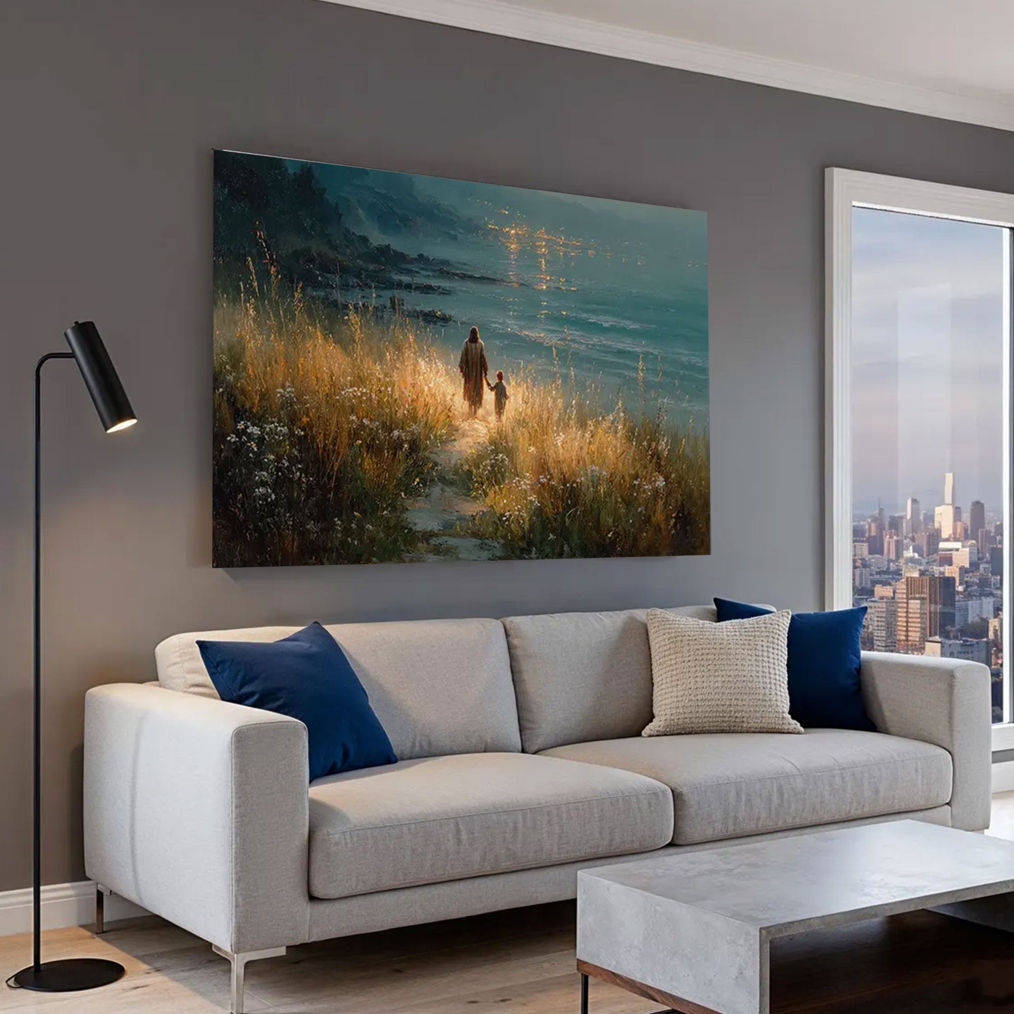 Jesus and Child Canvas Print, Framed Religious Landscape Art, Savior Walking with Child Christian Wall Decor