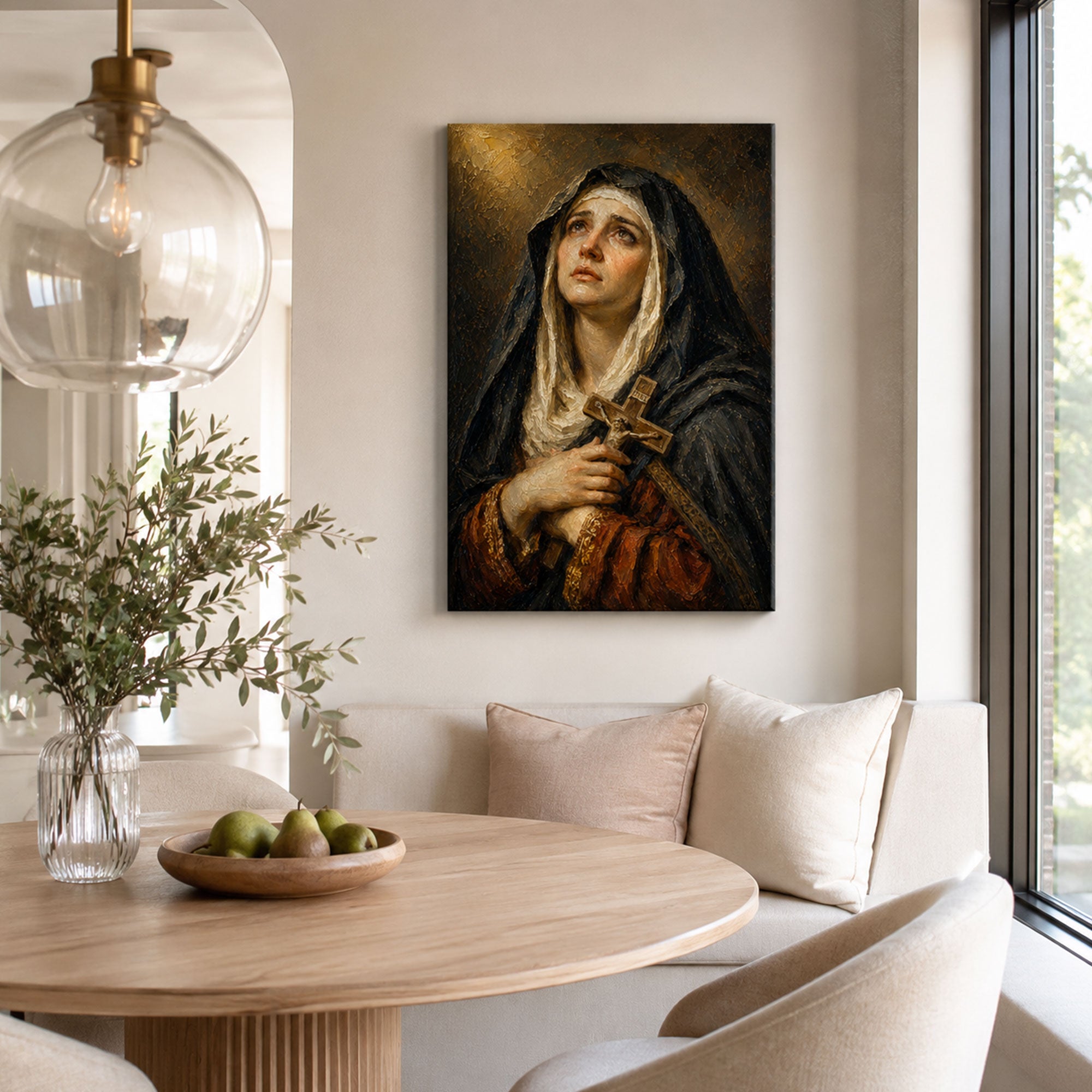 Our Lady of Sorrows Canvas Print, Virgin Mary Holding Crucifix Catholic Wall Decor, Marian Faith Gift