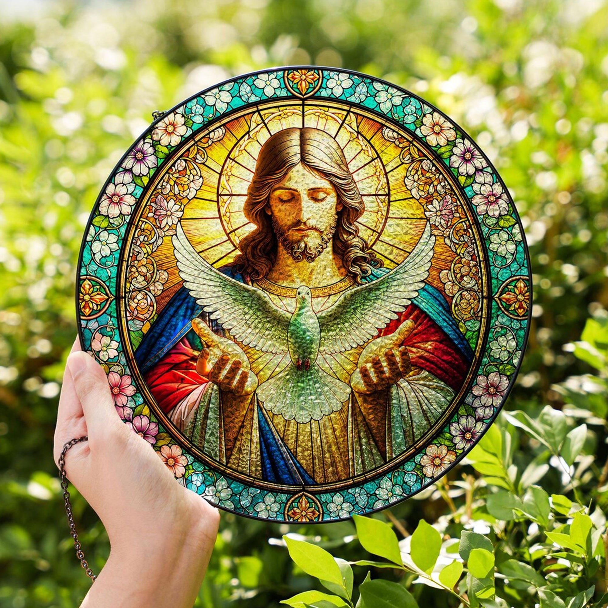 Jesus and Holy Spirit Dove Stained Glass Suncatcher, Christian Window Hanging, Religious Home Decor Gift