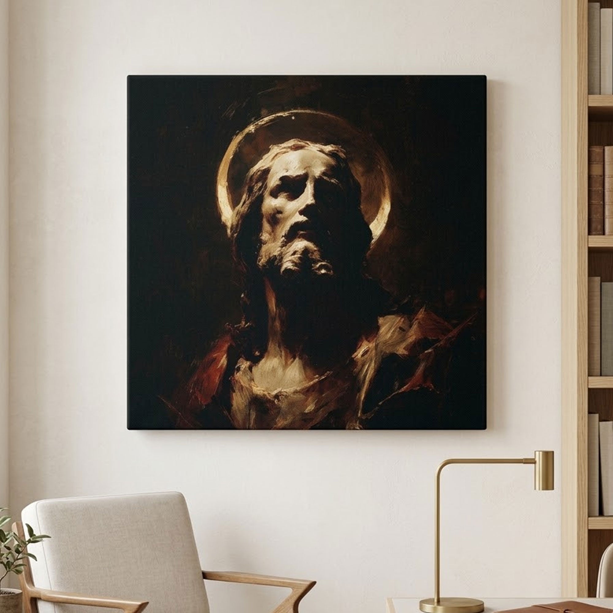 Dark Jesus Portrait Canvas Print, Sacred Christian Wall Art, Dramatic Faith Decor, Spiritual Light Artwork