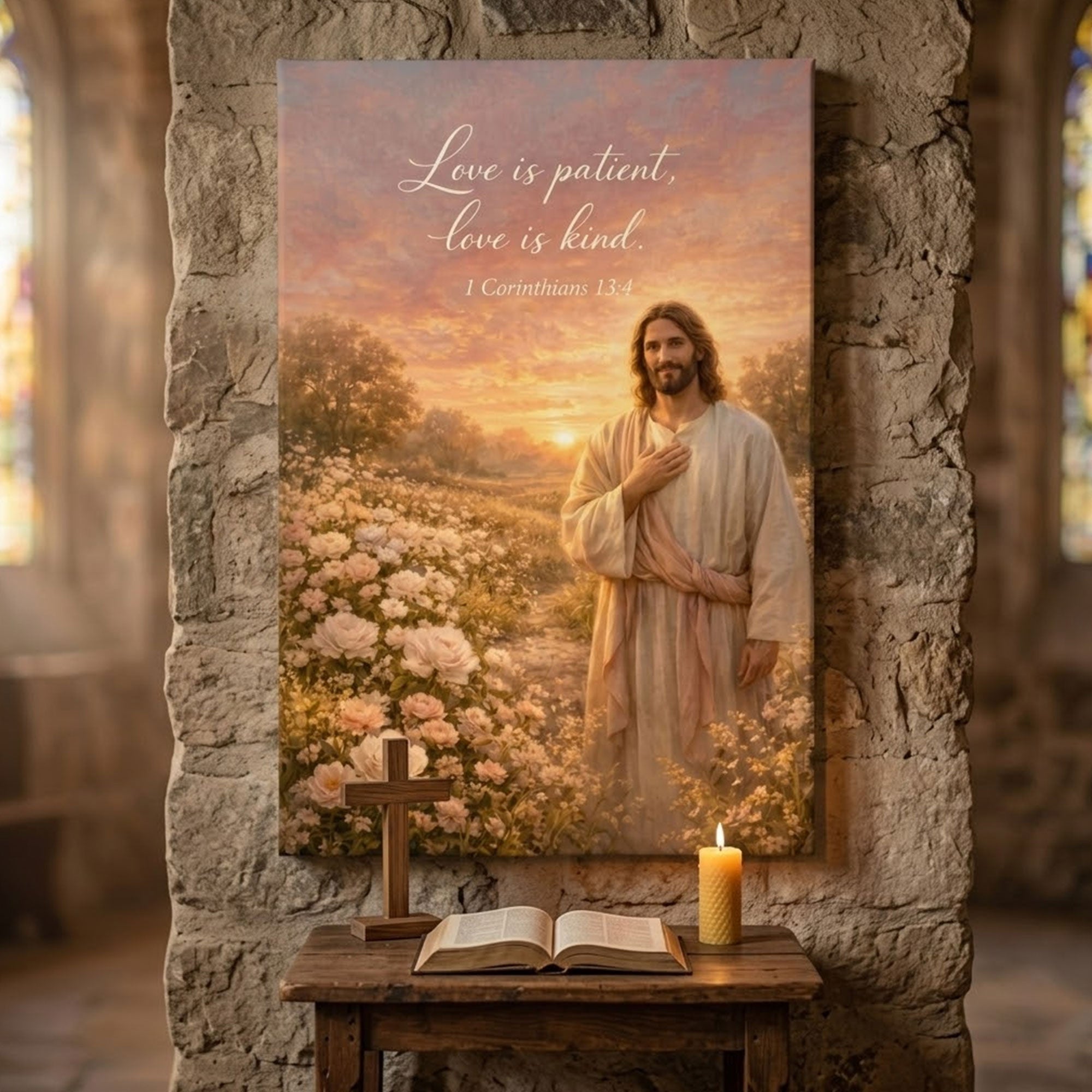 Jesus Love Is Patient Canvas Print, 1 Corinthians 13:4 Christian Wall Art, Inspirational Faith Home Decor