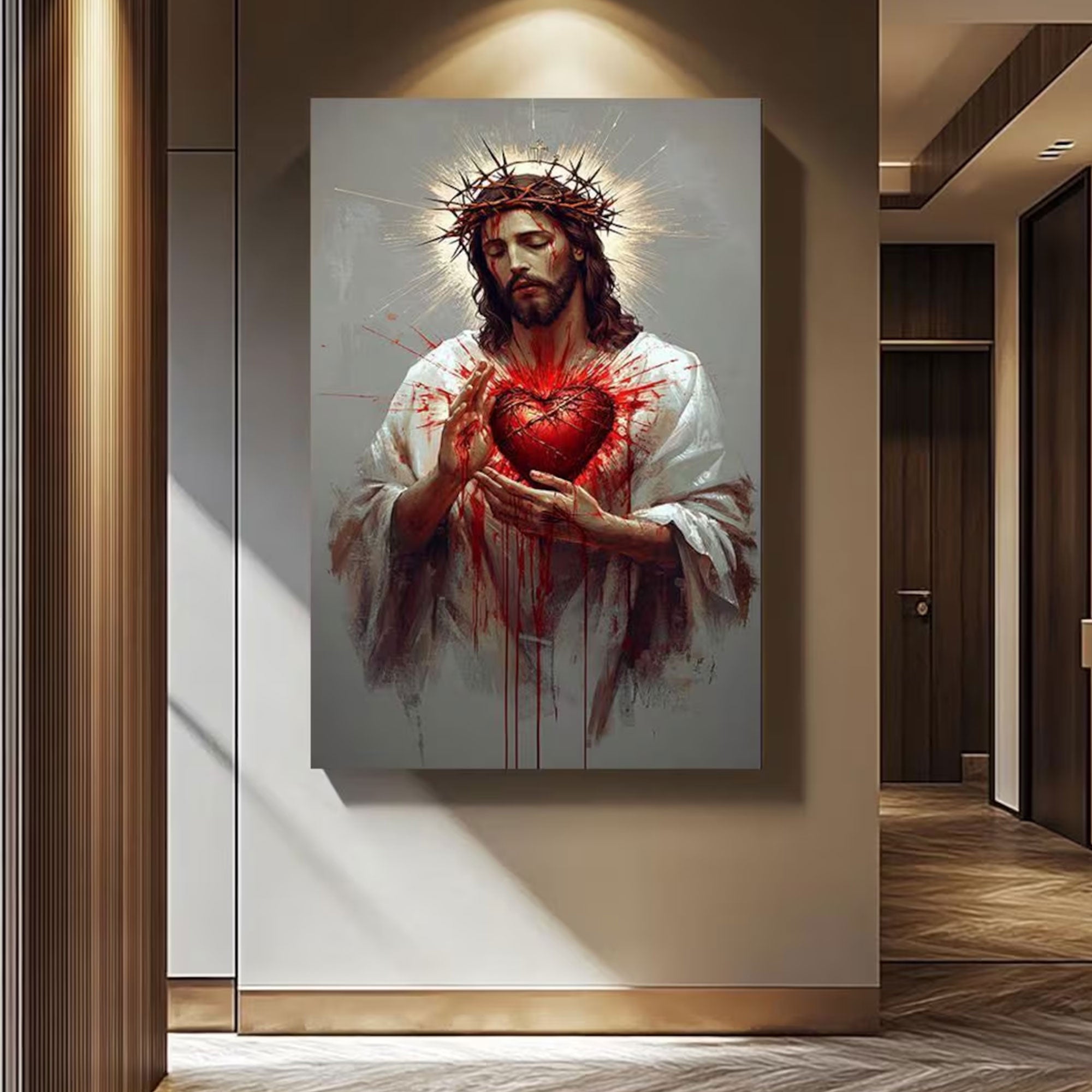 Sacred Heart Jesus Canvas Artwork, Christian Wall Decor, Emotional Religious Home Decoration