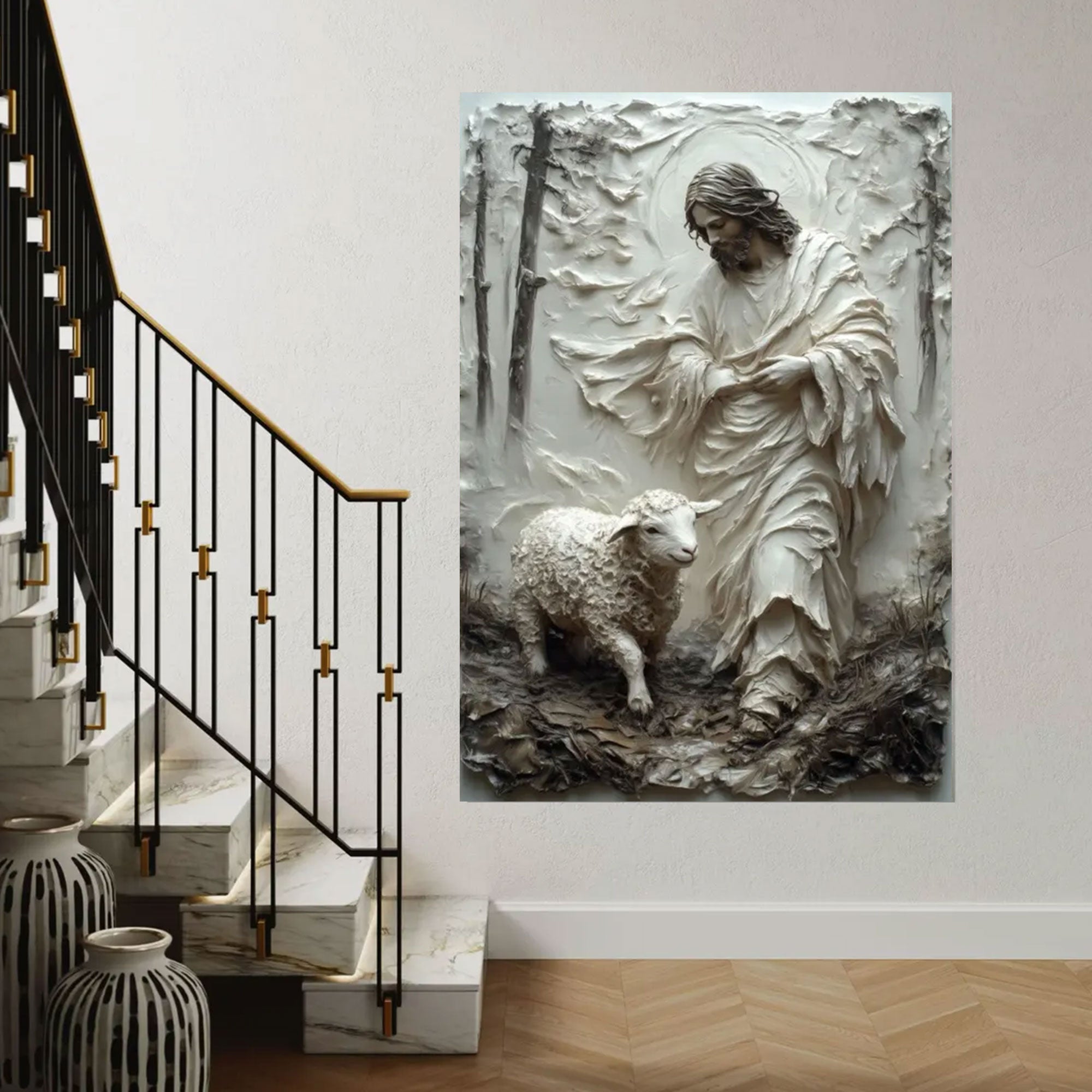 Good Shepherd Canvas Print, 3D Impasto Jesus with Lamb Wall Art, Earthy Neutral Christian Decor, Inspirational Faith Gift, Religious Home Artwork