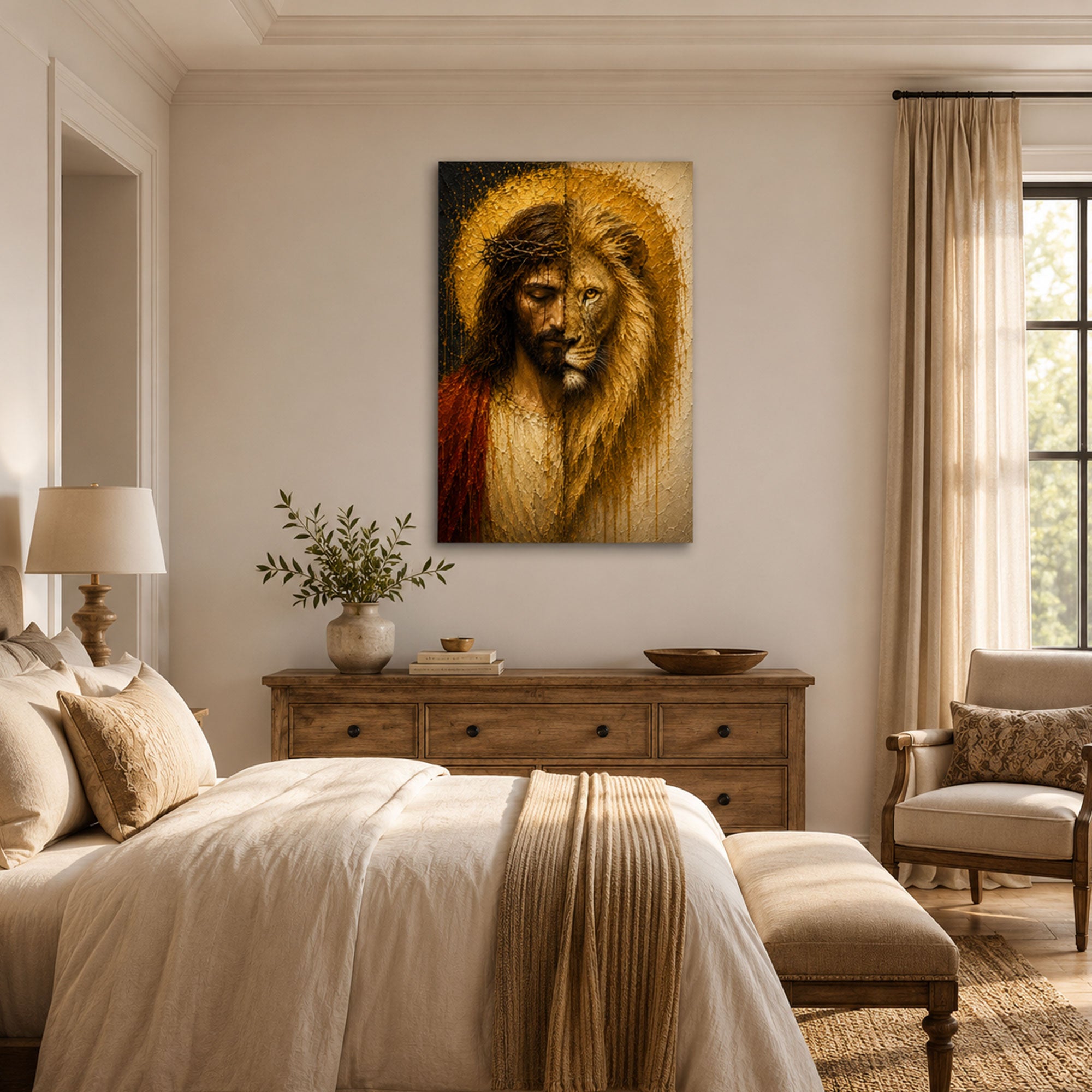 Lion of Judah Jesus Canvas Print, Crown of Thorns Christian Wall Art, Gold Faith Home Decor Gift