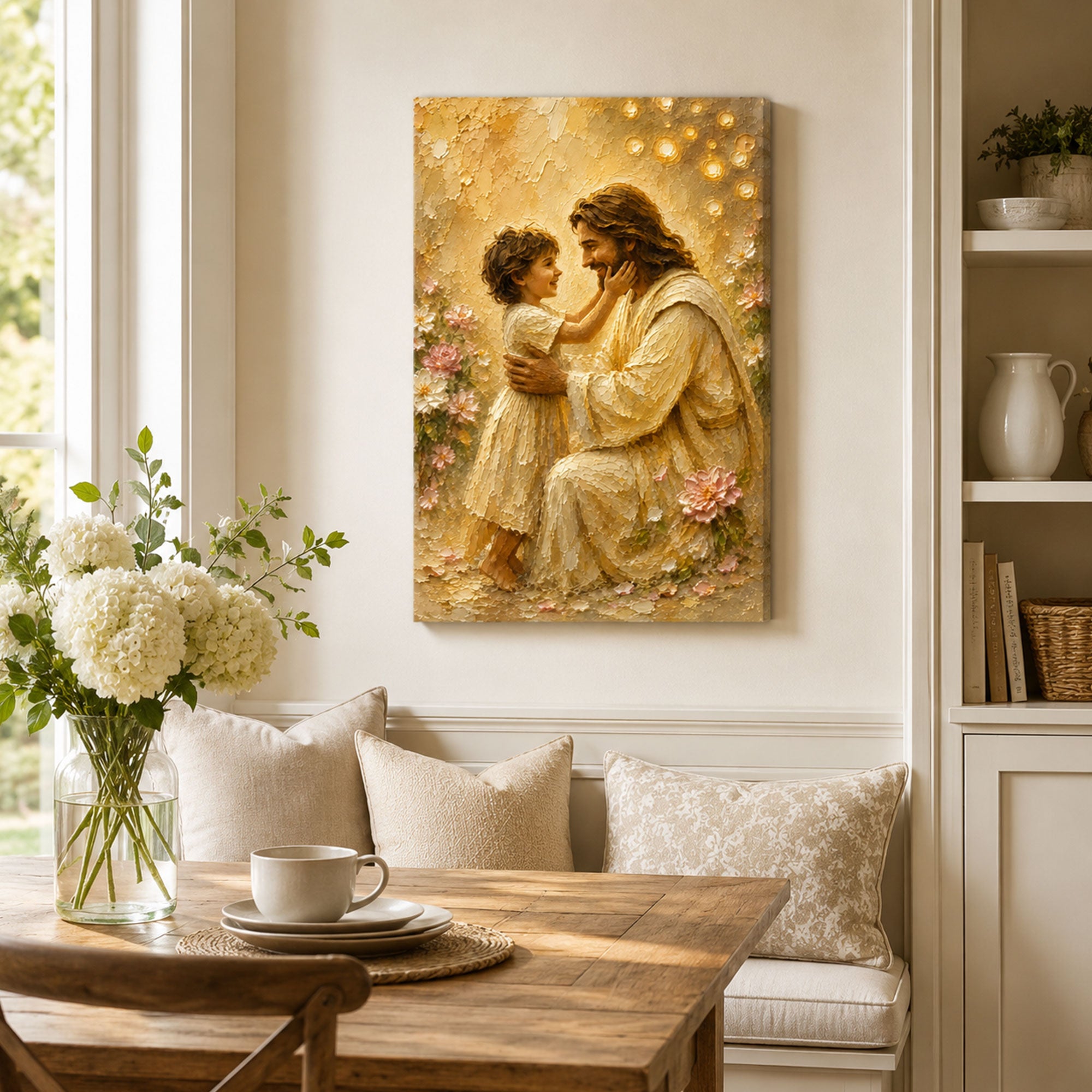 Jesus with Child Canvas Print, Christian Family Wall Art, Warm Golden Faith Home Decor Gift
