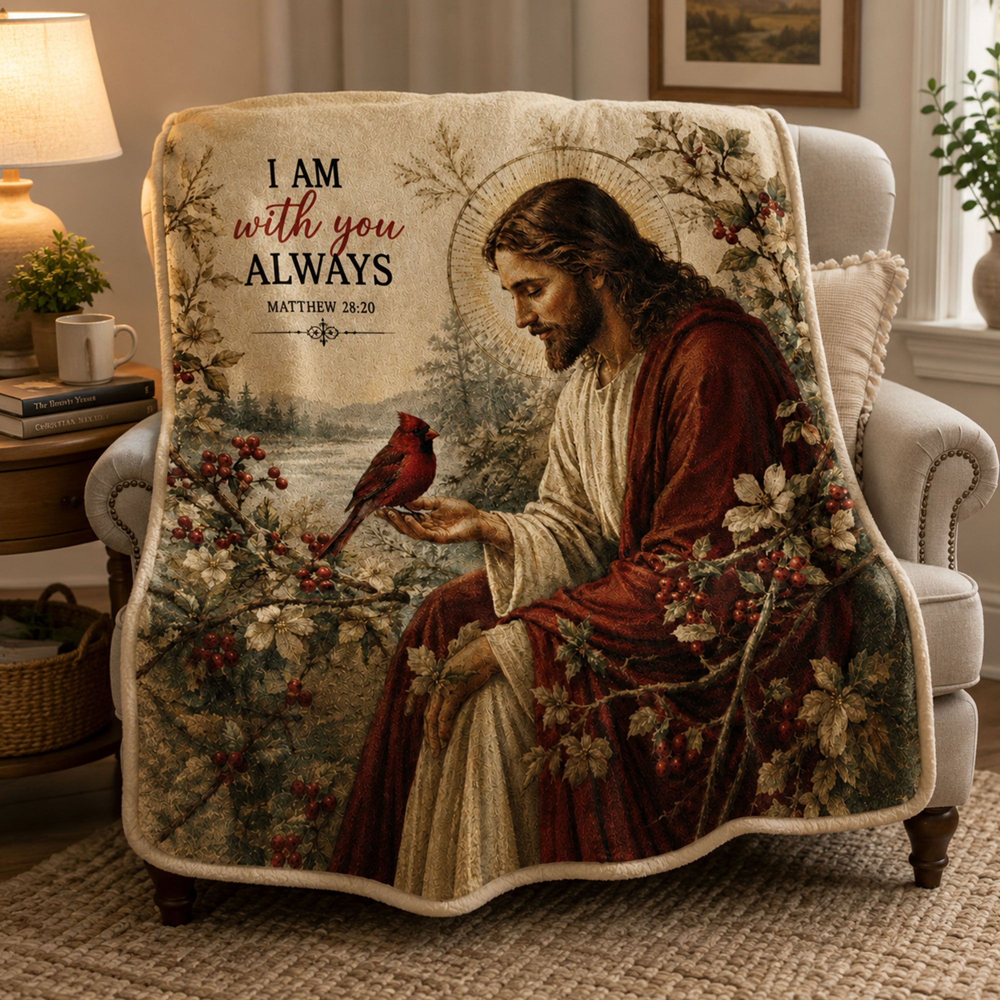 Jesus I Am With You Always Fleece Blanket, Matthew 28:20 Christian Throw, Cardinal Faith Gift