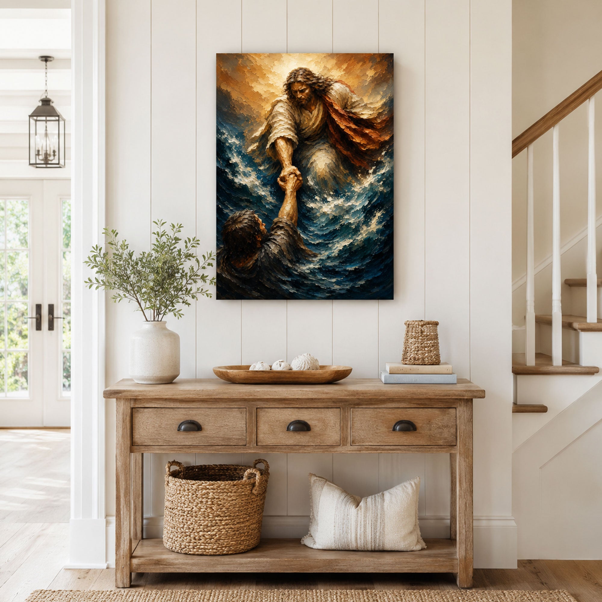 Jesus Saving Peter Canvas Print, Walking on Water Christian Wall Art, Faith Home Decor Gift