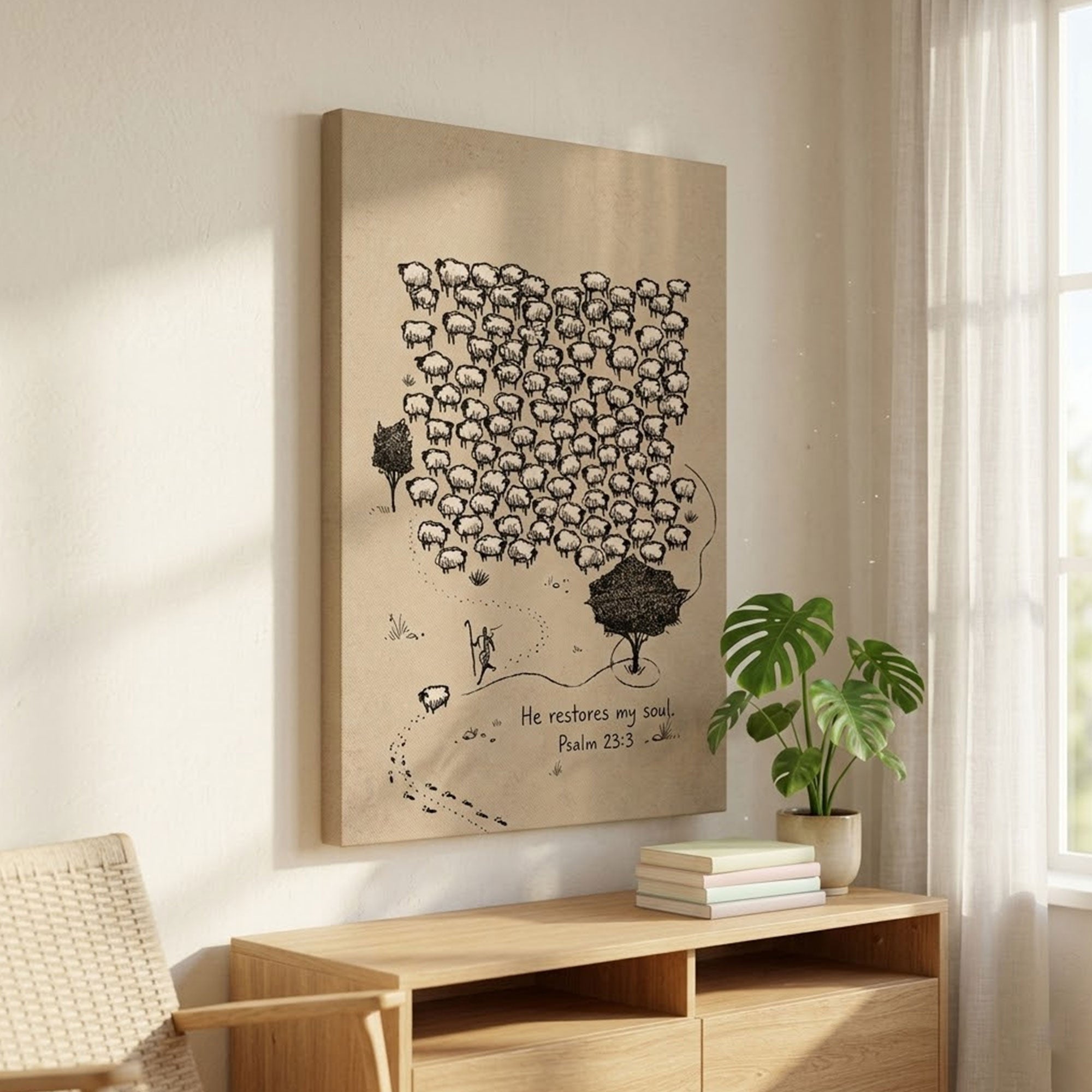 Psalm 23:3 Shepherd Canvas Print, He Restores My Soul Wall Art, Christian Sheep Illustration, Minimal Faith Decor