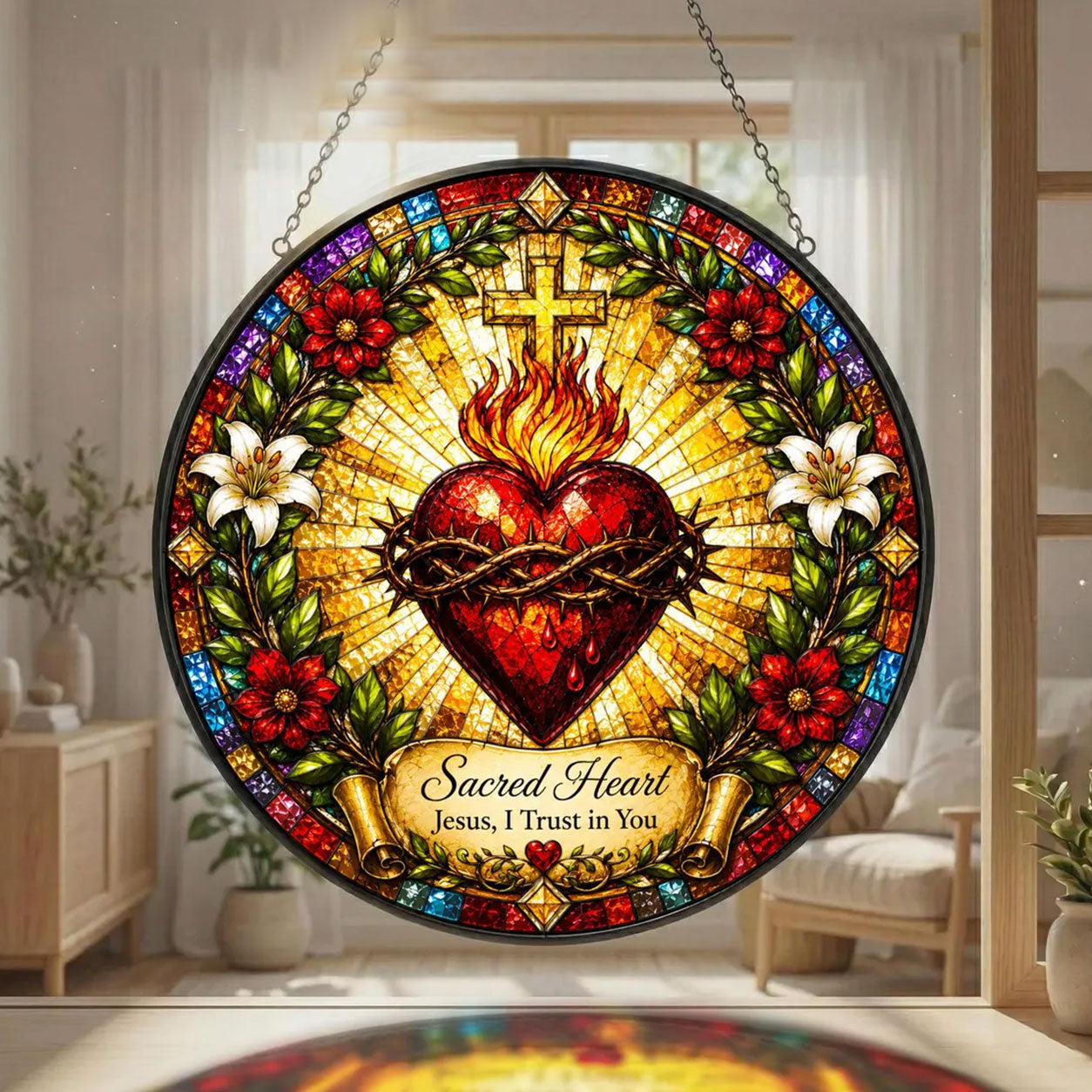 Sacred Heart of Jesus Suncatcher, Jesus I Trust in You Catholic Window Hanging, Christian Faith Gift
