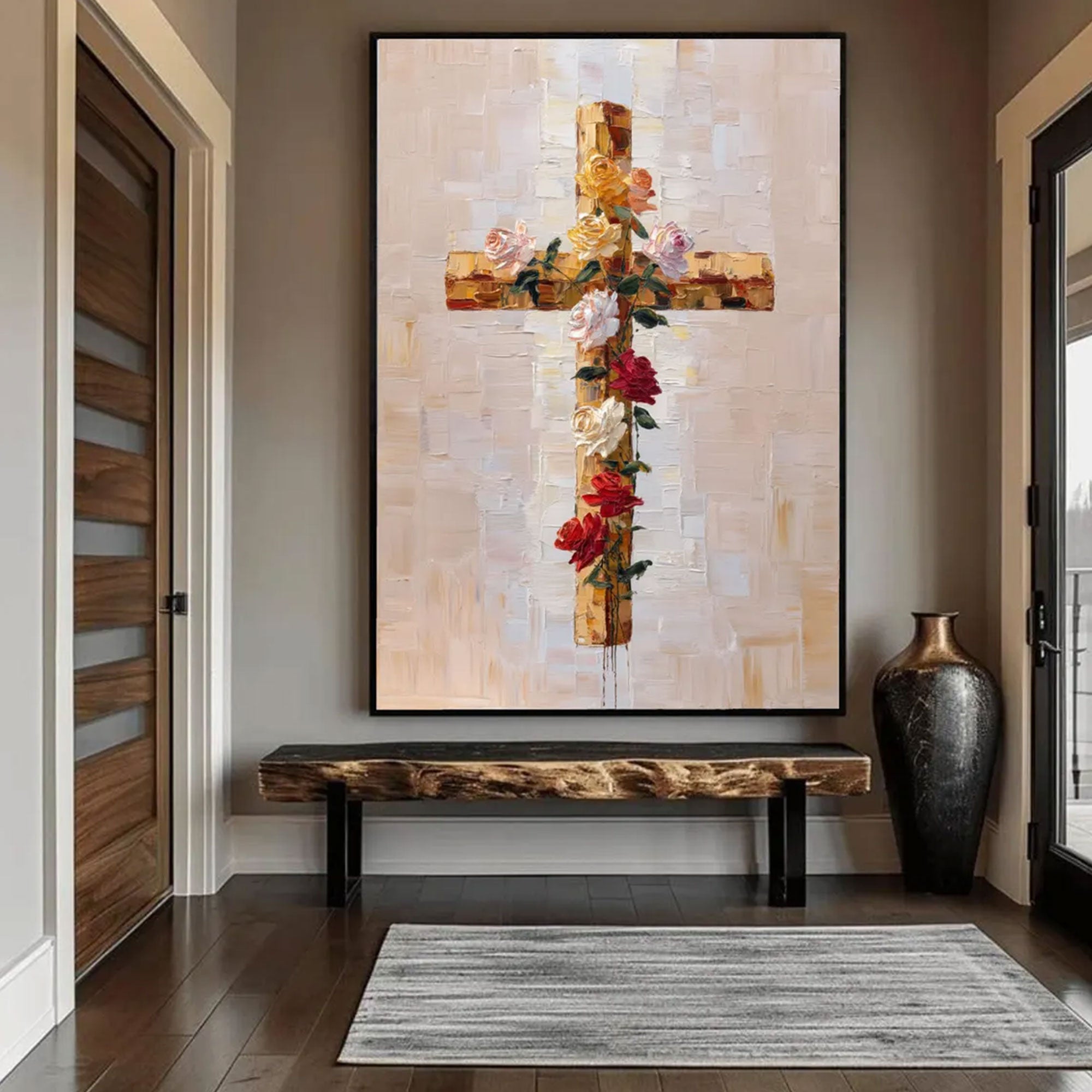 Floral Cross Canvas Print, Rose Christian Wall Art, Religious Faith Decor, Inspirational Spiritual Artwork