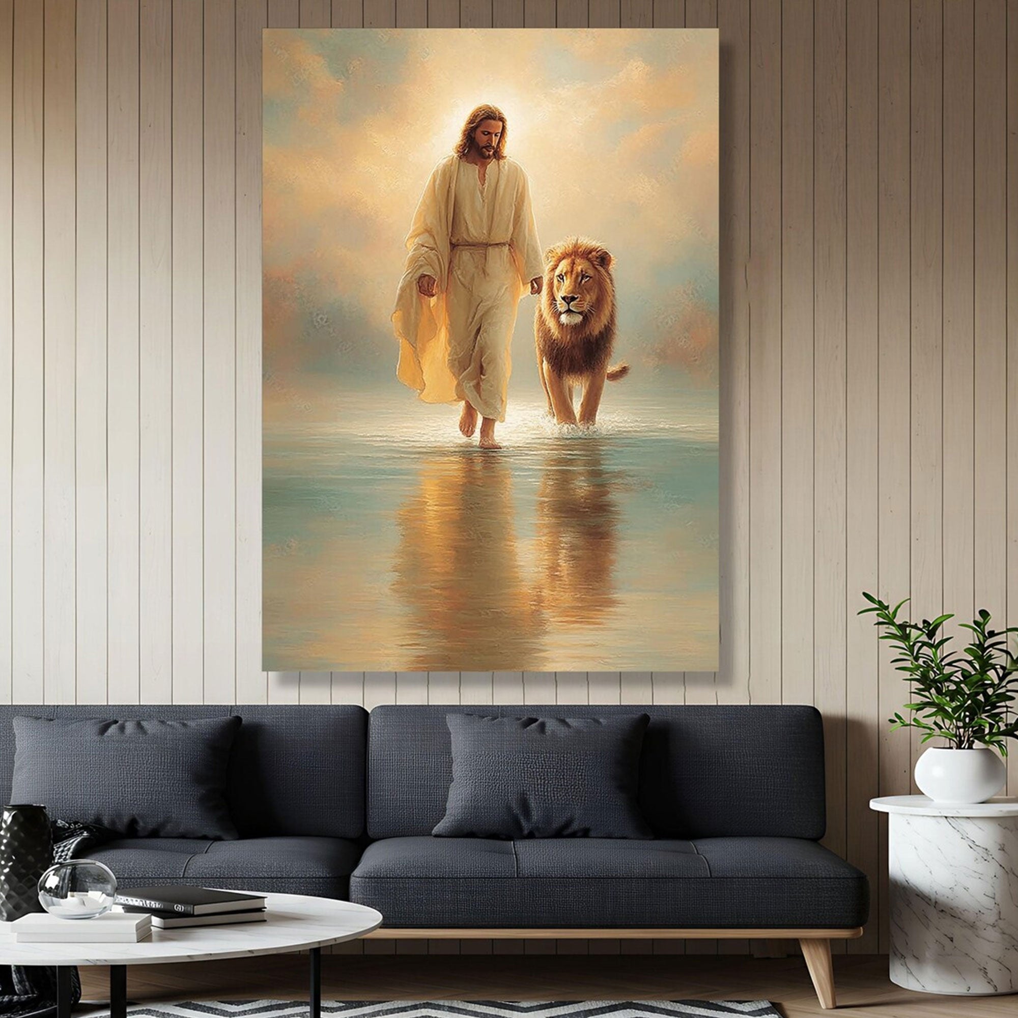 Jesus Walking with Lion Canvas Print, Christian Faith and Strength Wall Art, Peaceful Spiritual Home Decor