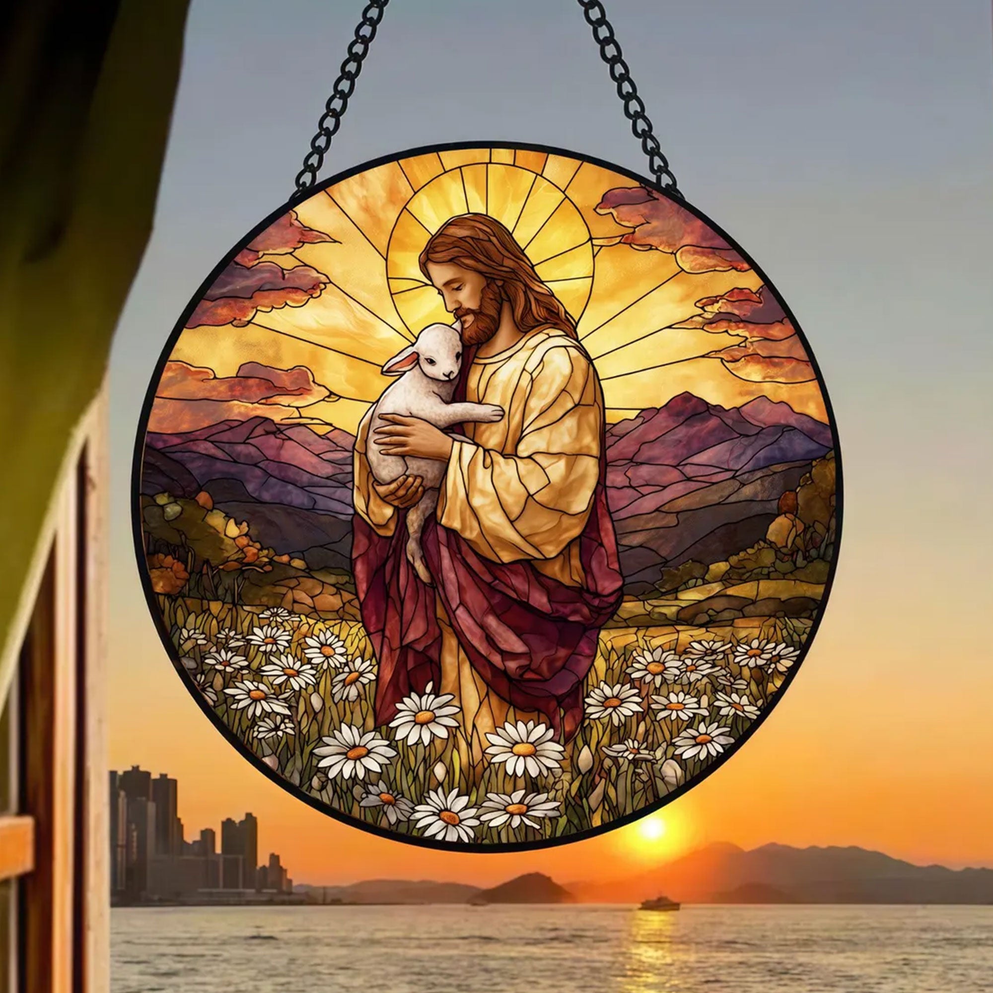 Jesus the Good Shepherd Suncatcher, Christ Holding Lamb Sunset Window Hanging, Christian Faith Gift