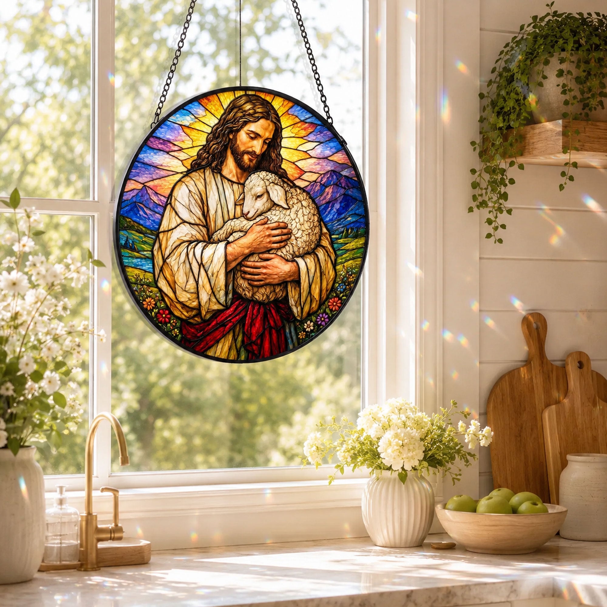 Jesus Holding Lamb Suncatcher, Good Shepherd Christian Window Decor, Faith Gift