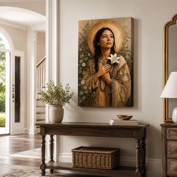 Saint Kateri Tekakwitha Canvas Print, Native American Catholic Saint Wall Art, Lily Flower Faith Home Decor Gift