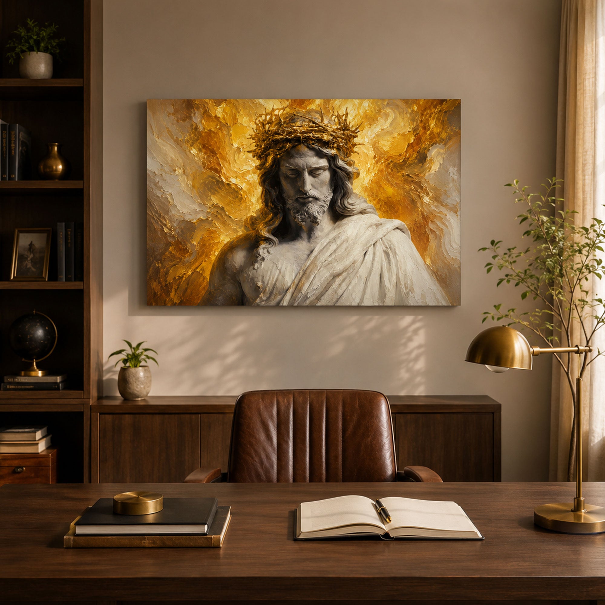 Jesus Crown of Thorns Panoramic Canvas Print, White Gold Catholic Wall Art, Passion of Christ Home Decor Gift