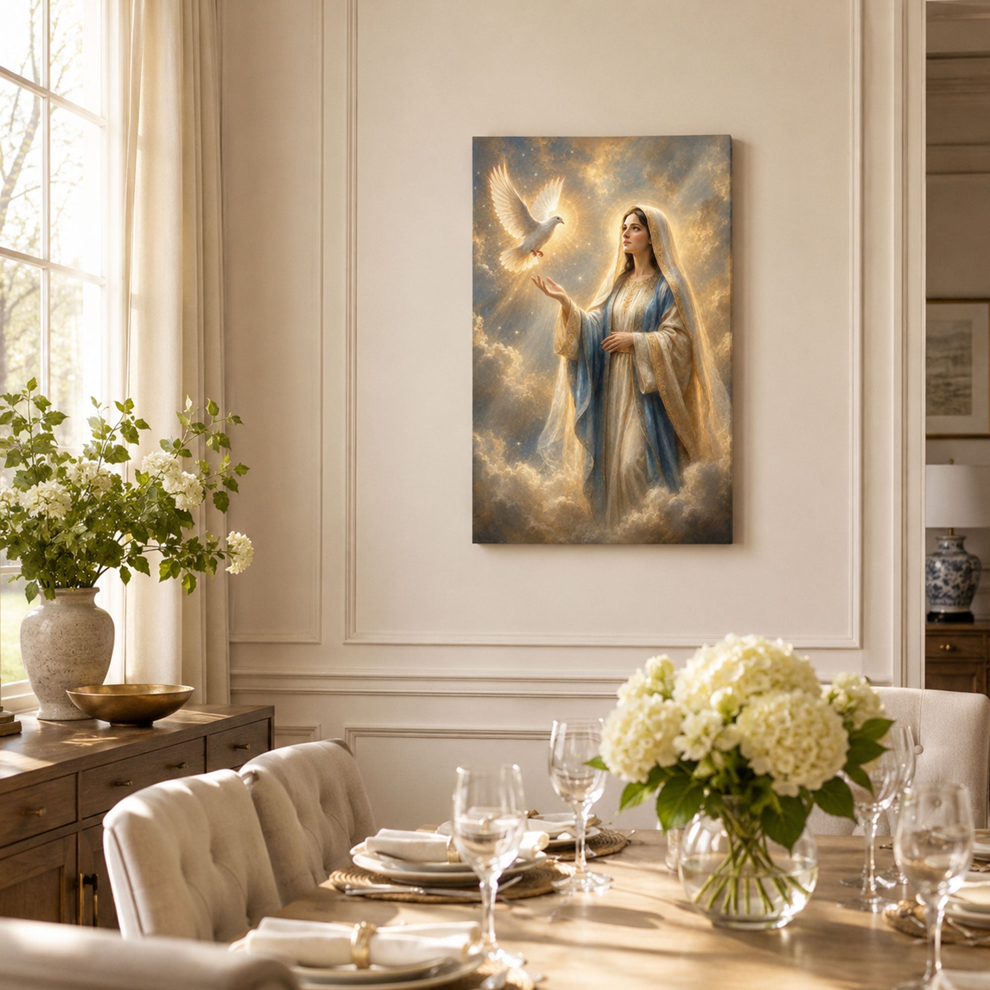 Virgin Mary with Holy Spirit Dove Canvas Print, Catholic Home Decor