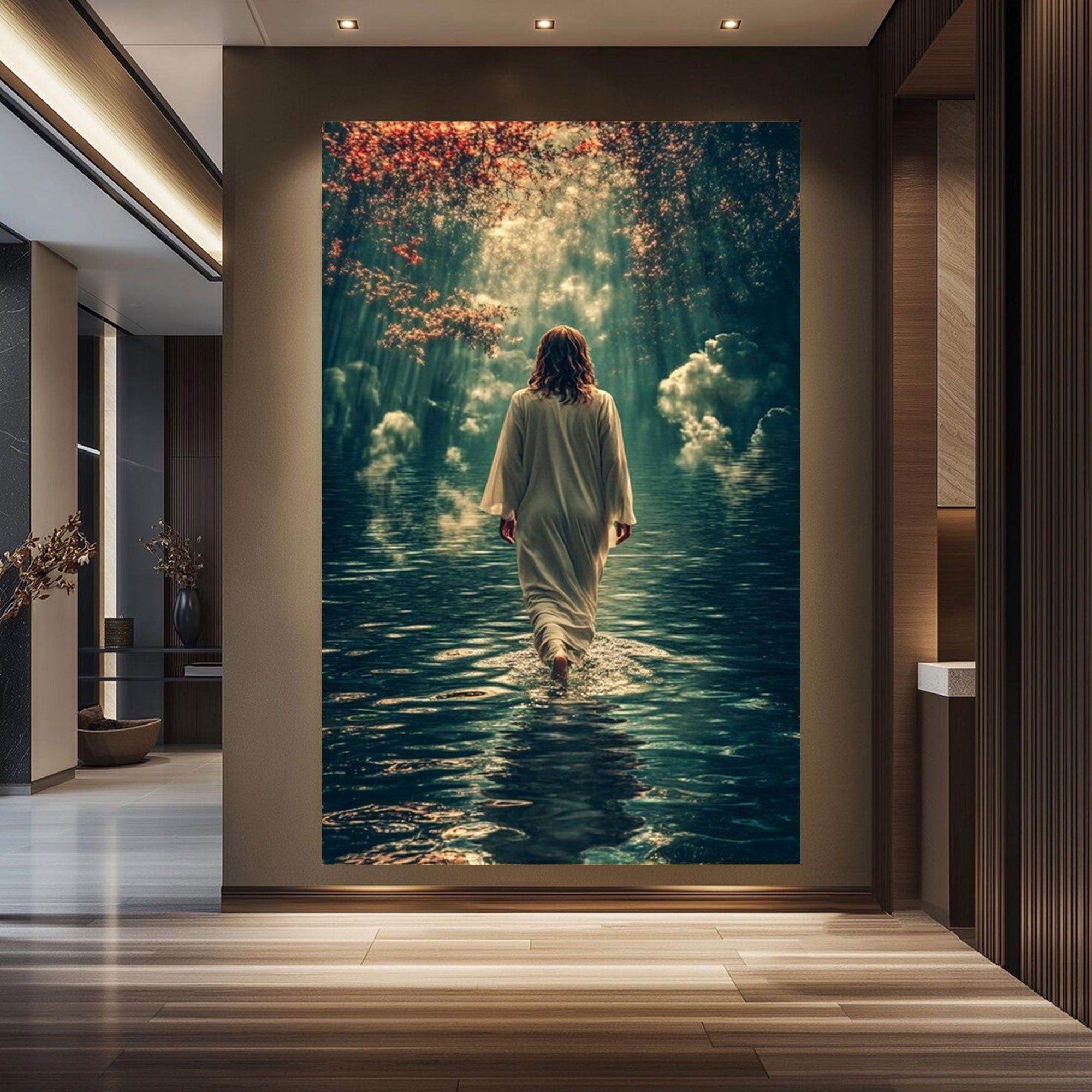 Jesus Walking on Water Canvas Print, Spiritual Christian Wall Art, Heavenly Light Faith Decor for Home