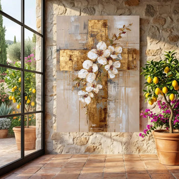 Elegant White Blossoms Canvas Print, Gold Cross Abstract Christian Wall Art, Floral Religious Decor, Modern Spiritual Home Gift