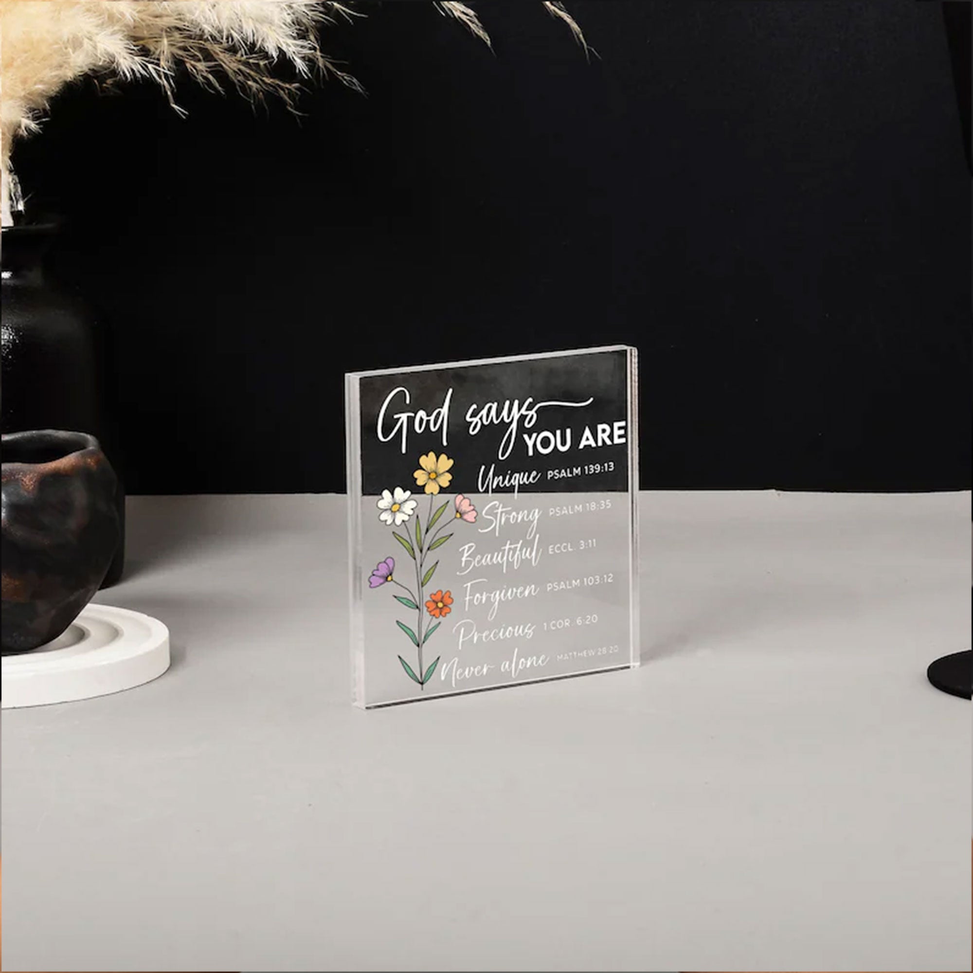 Personalized God Says You Are Acrylic Plaque, Custom Name Bible Verse Flower Decor, 2D Flat Christian Gift
