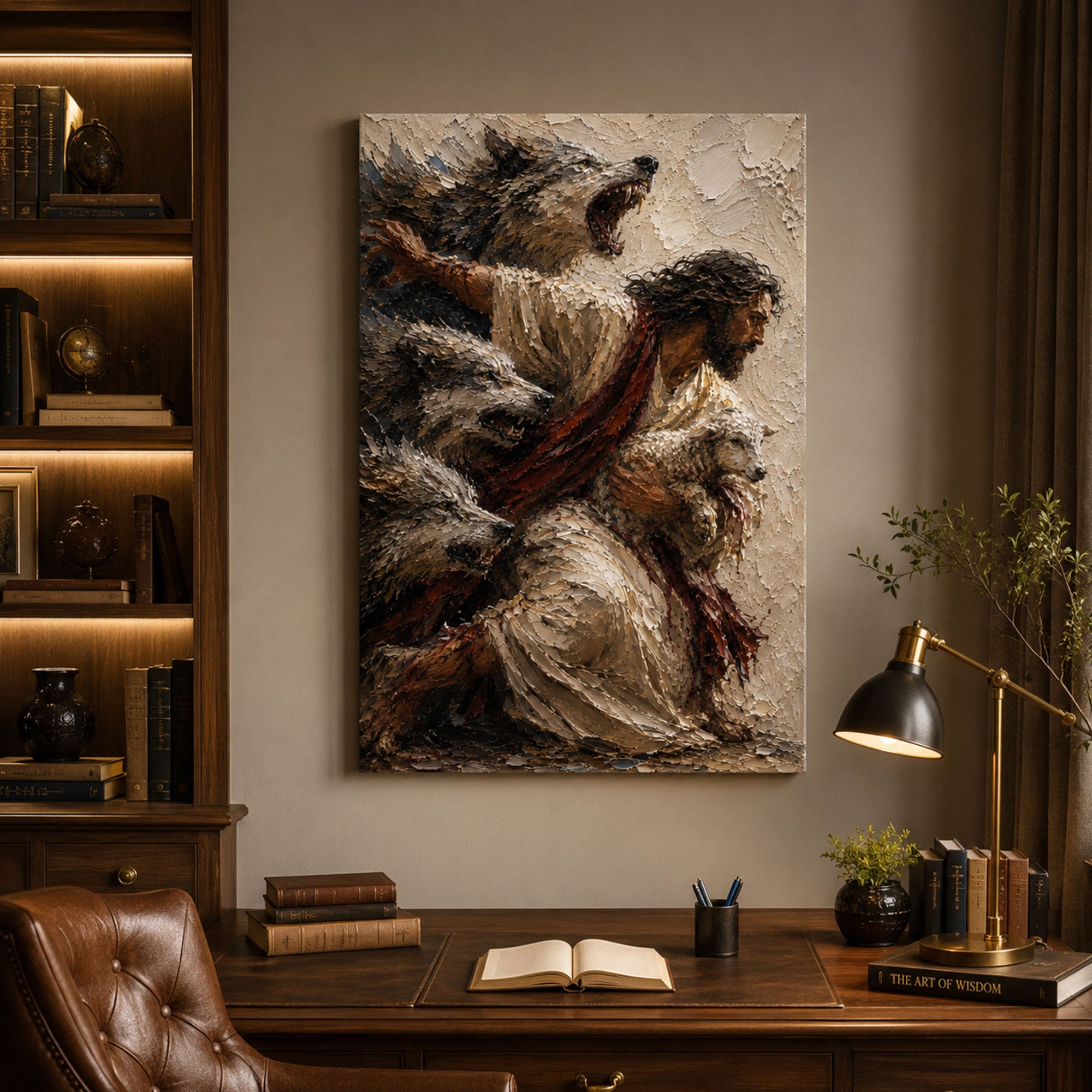 Jesus Protecting the Lamb Canvas Print, Good Shepherd Christian Wall Art, Faith Home Decor