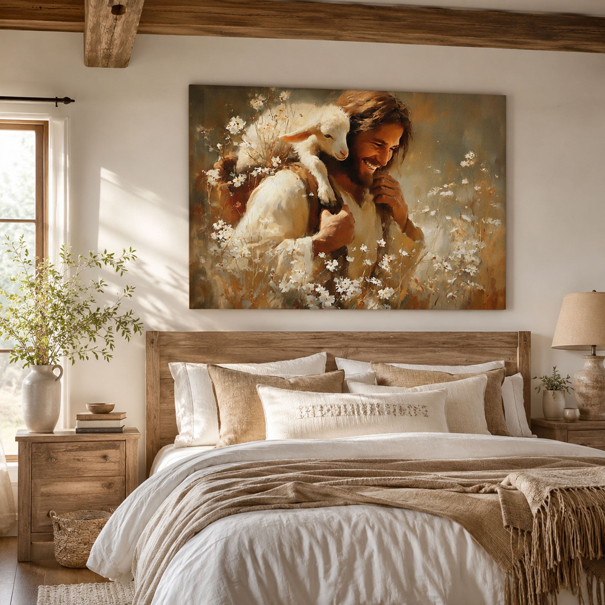 Jesus with Lamb Canvas Print, Good Shepherd Christian Wall Art, Religious Faith Home Decor, Inspirational Gift