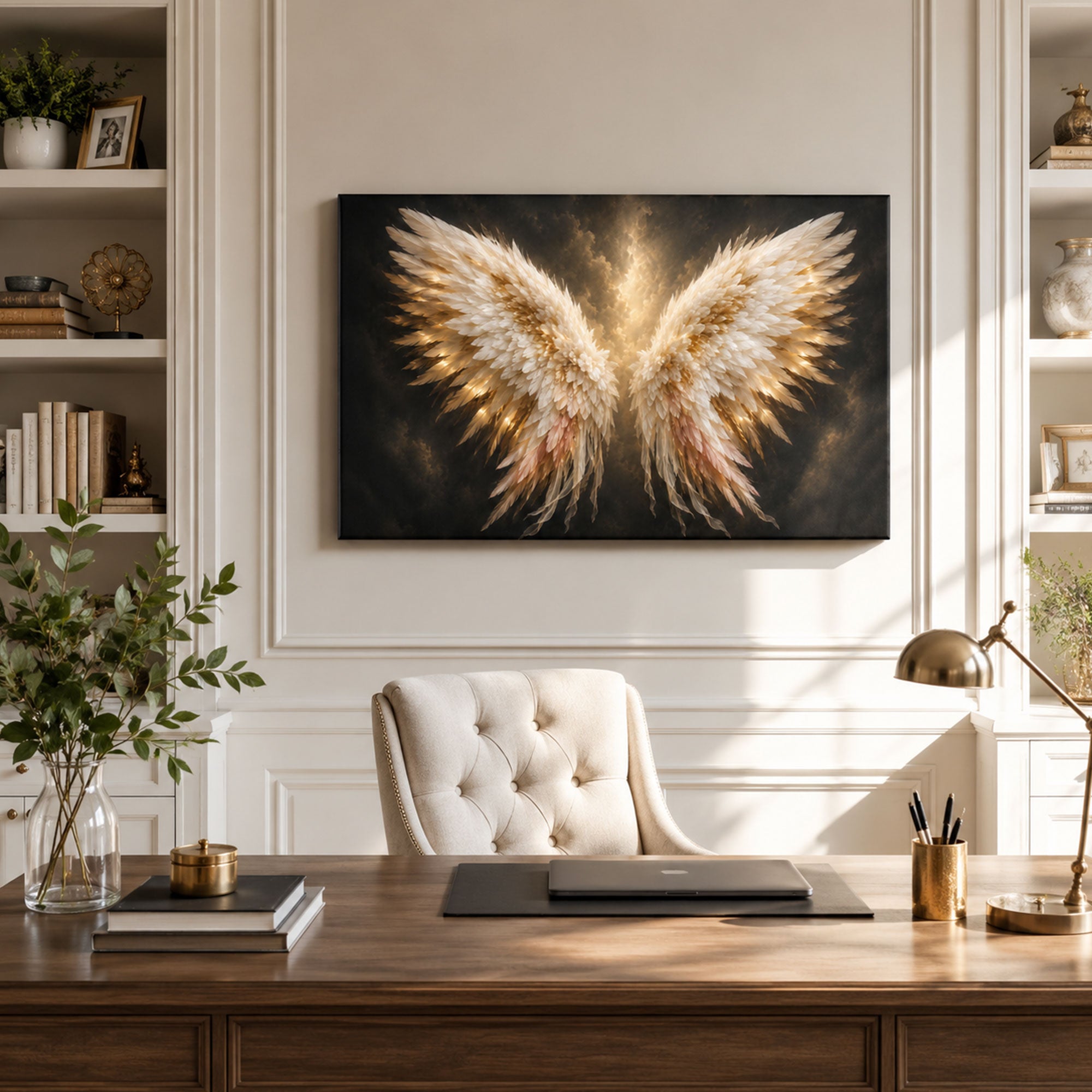 Luminous Angel Wings Canvas Print, White and Gold Christian Wall Art, Heavenly Faith Home Decor Gift