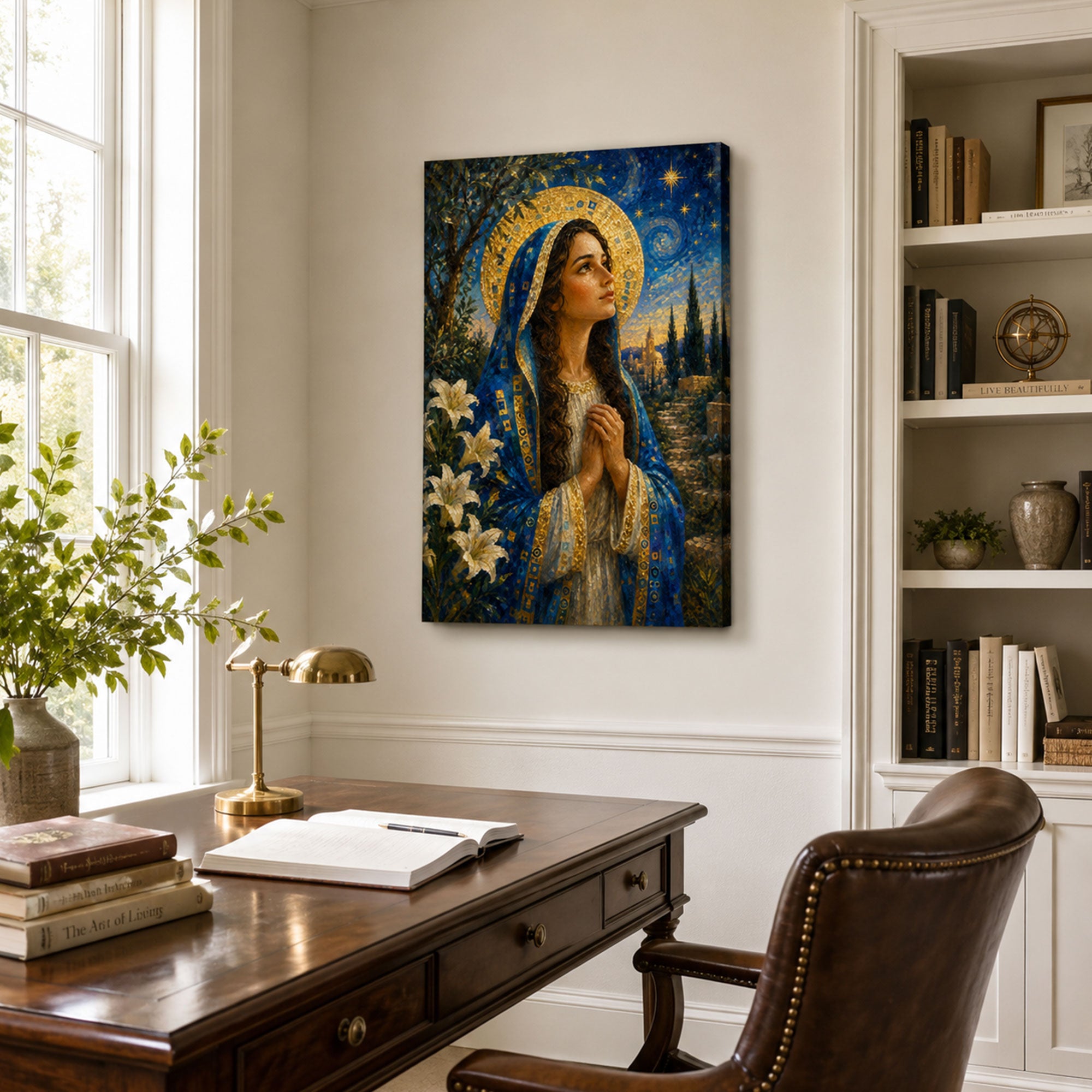 Mary Magdalene Prayer Canvas Print, Blue and Gold Catholic Home Decor