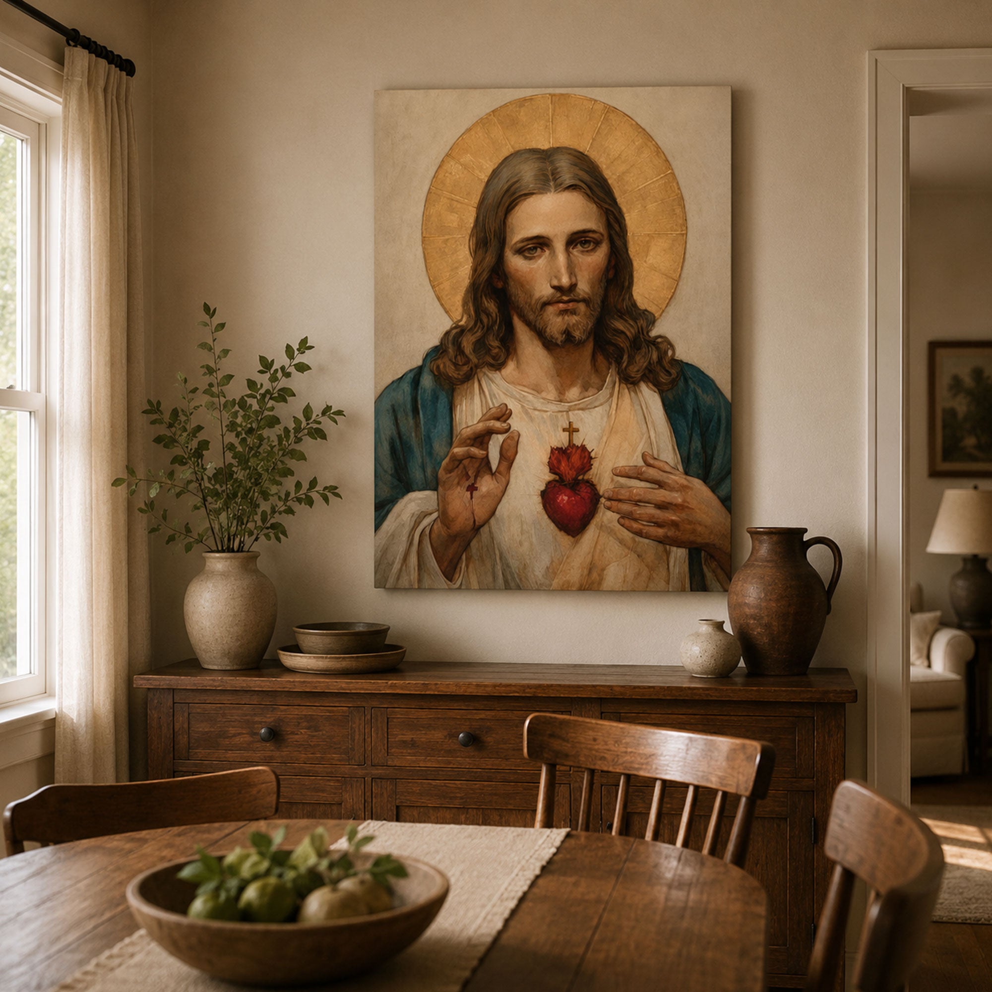 Sacred Heart of Jesus Watercolor Canvas Print, Catholic Christian Wall Art, Religious Faith Home Decor