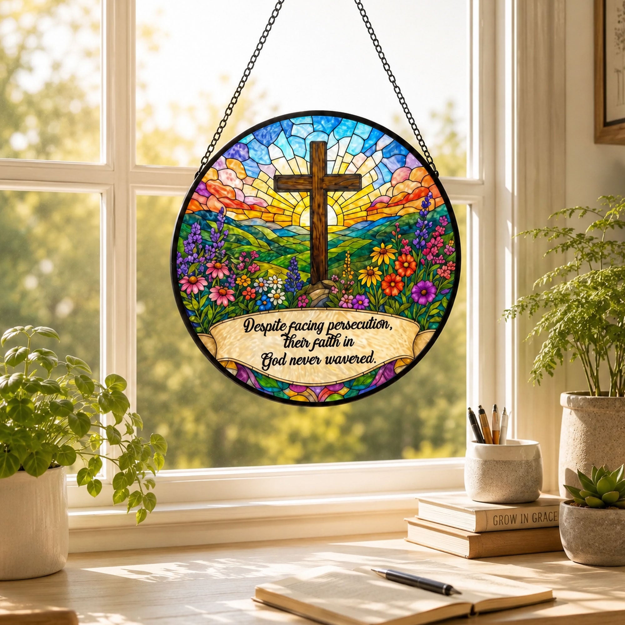 Christian Cross Suncatcher, Unwavering Faith Inspirational Quote, Floral Window Hanging