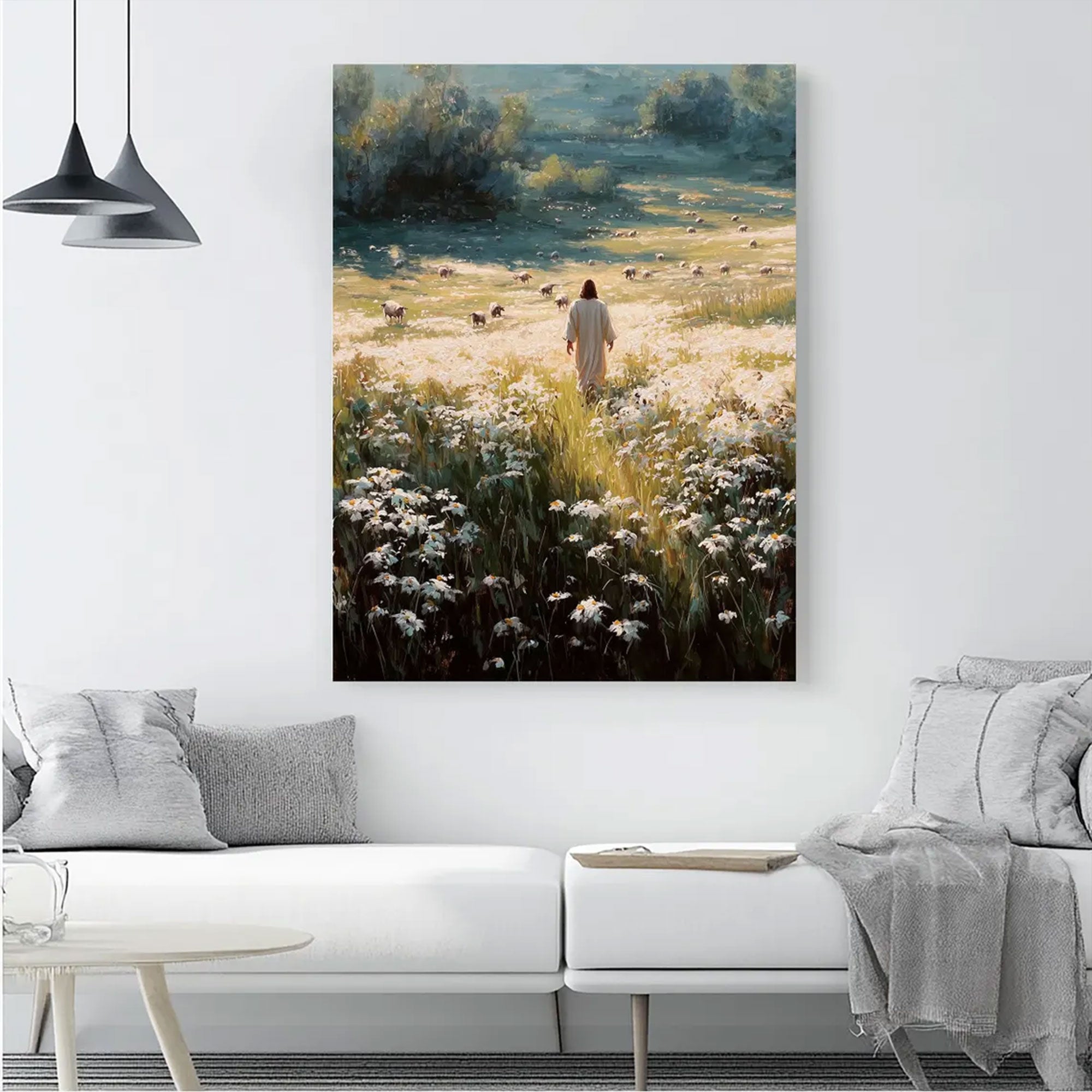 Good Shepherd Jesus Canvas Print, Jesus in Daisy Meadow Wall Art, Christian Faith Home Decor