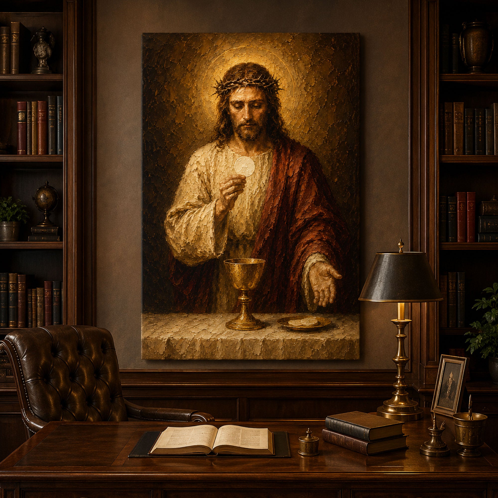 Jesus Holding the Holy Eucharist Canvas Print, Catholic Eucharistic Wall Art, Christ with Sacred Host and Chalice, Religious Christian Home Decor