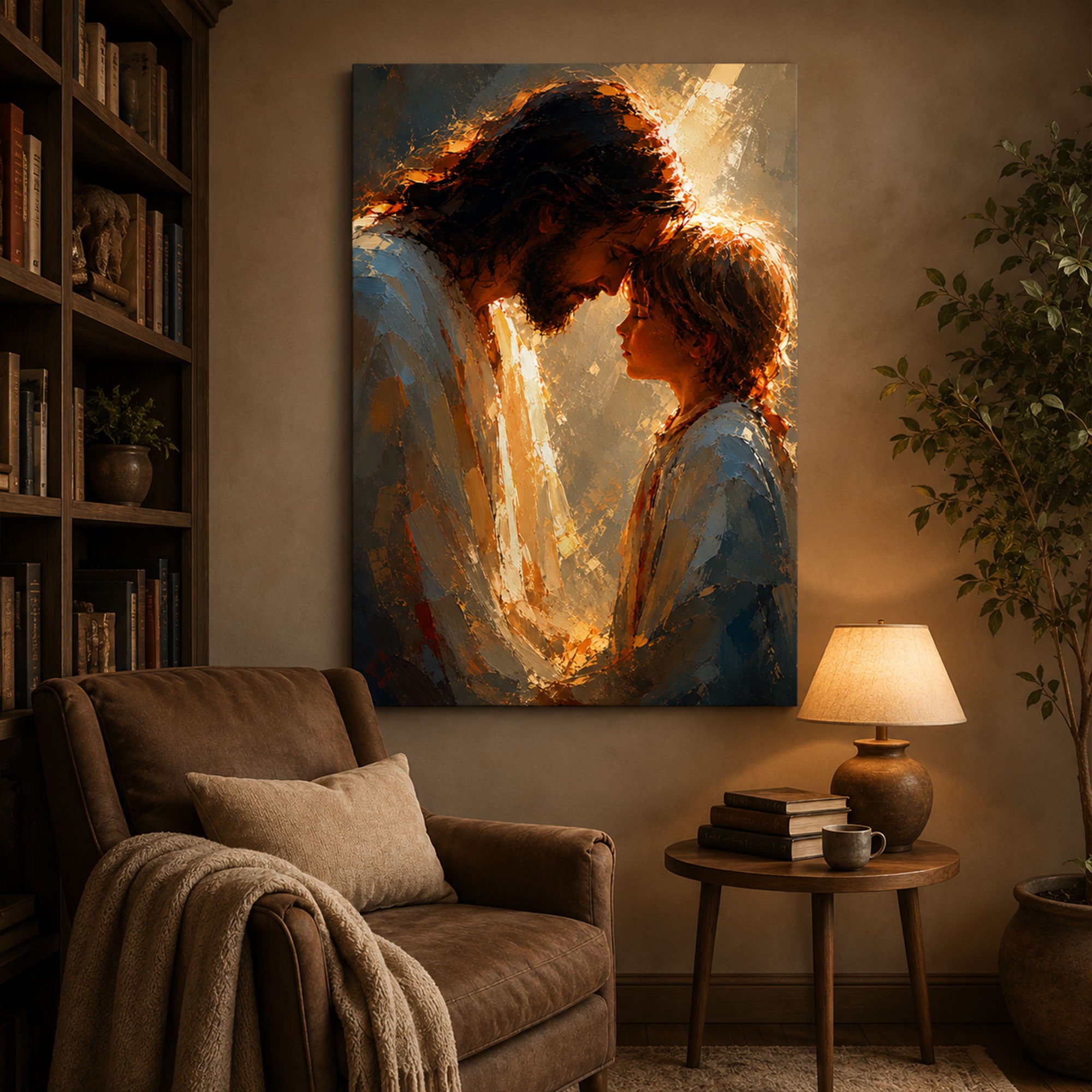 Jesus with Child Canvas Print, Christian Love Wall Art, Peaceful Faith Home Decor