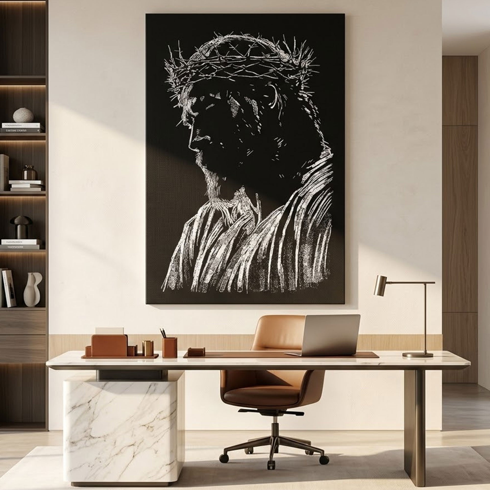 Black and White Jesus Crown of Thorns Canvas Print, Minimal Christian Wall Art, Sacred Christ Portrait Decor