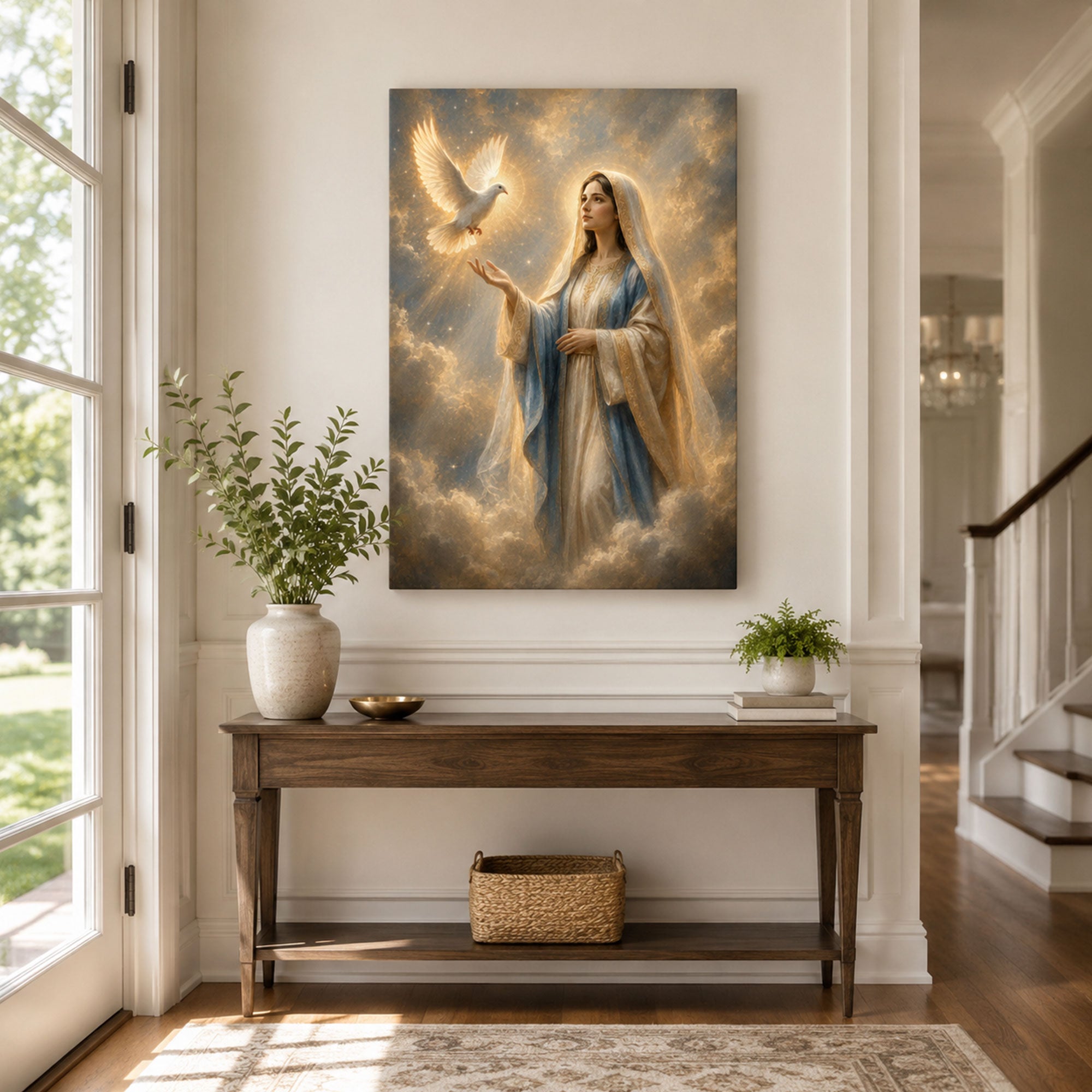 Virgin Mary with Holy Spirit Dove Canvas Print, Catholic Home Decor