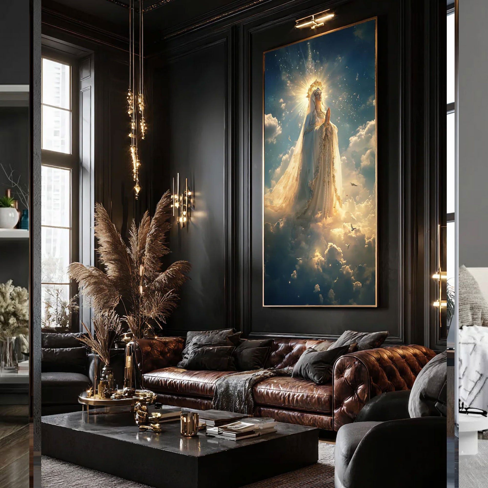 Heavenly Virgin Mary Canvas Print, Praying in the Clouds Wall Art, Golden Halo Light, Catholic Christian Home Decor