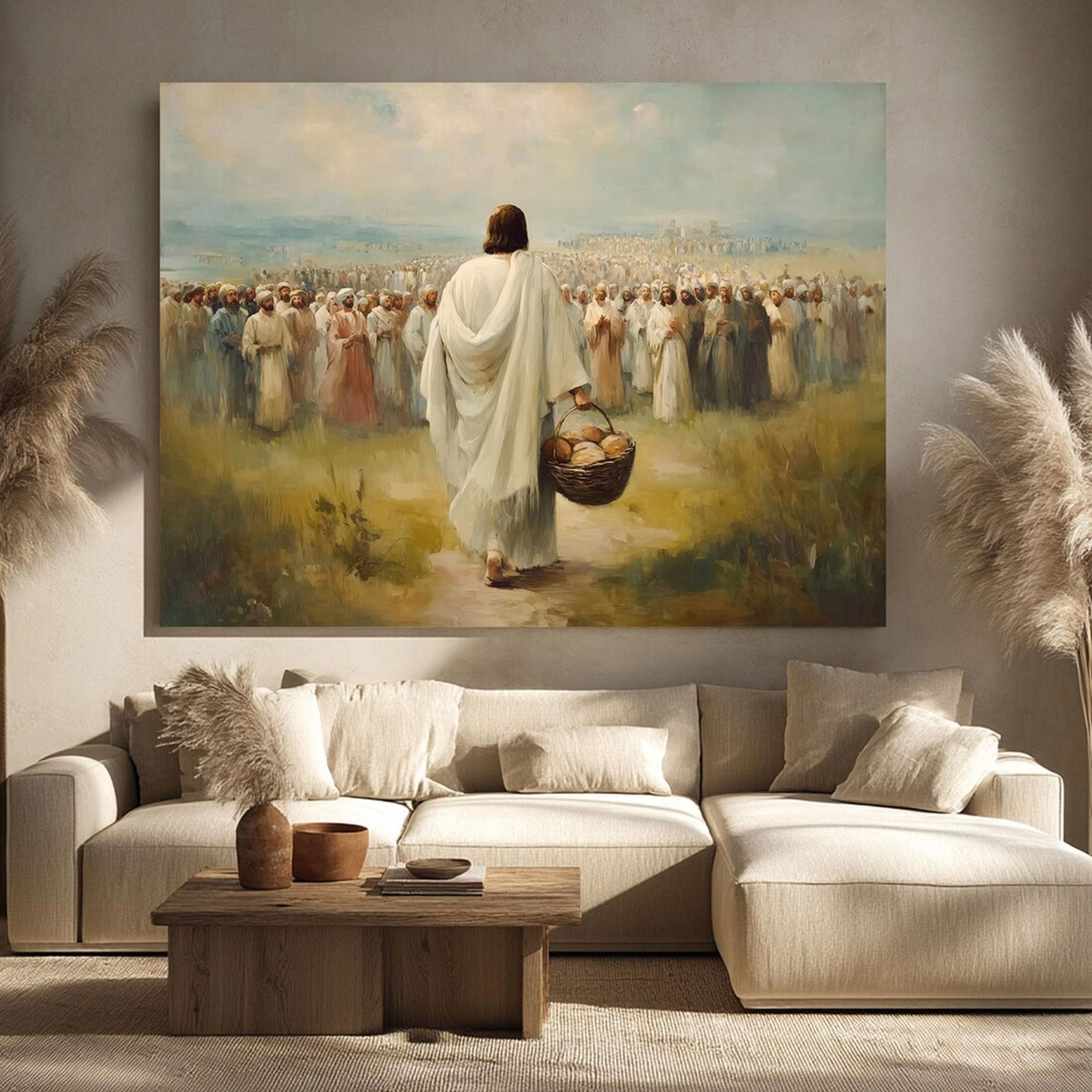 Jesus Feeding the Multitude Canvas Wall Art, Loaves and Fish Miracle Painting, Christian Faith Home Decor