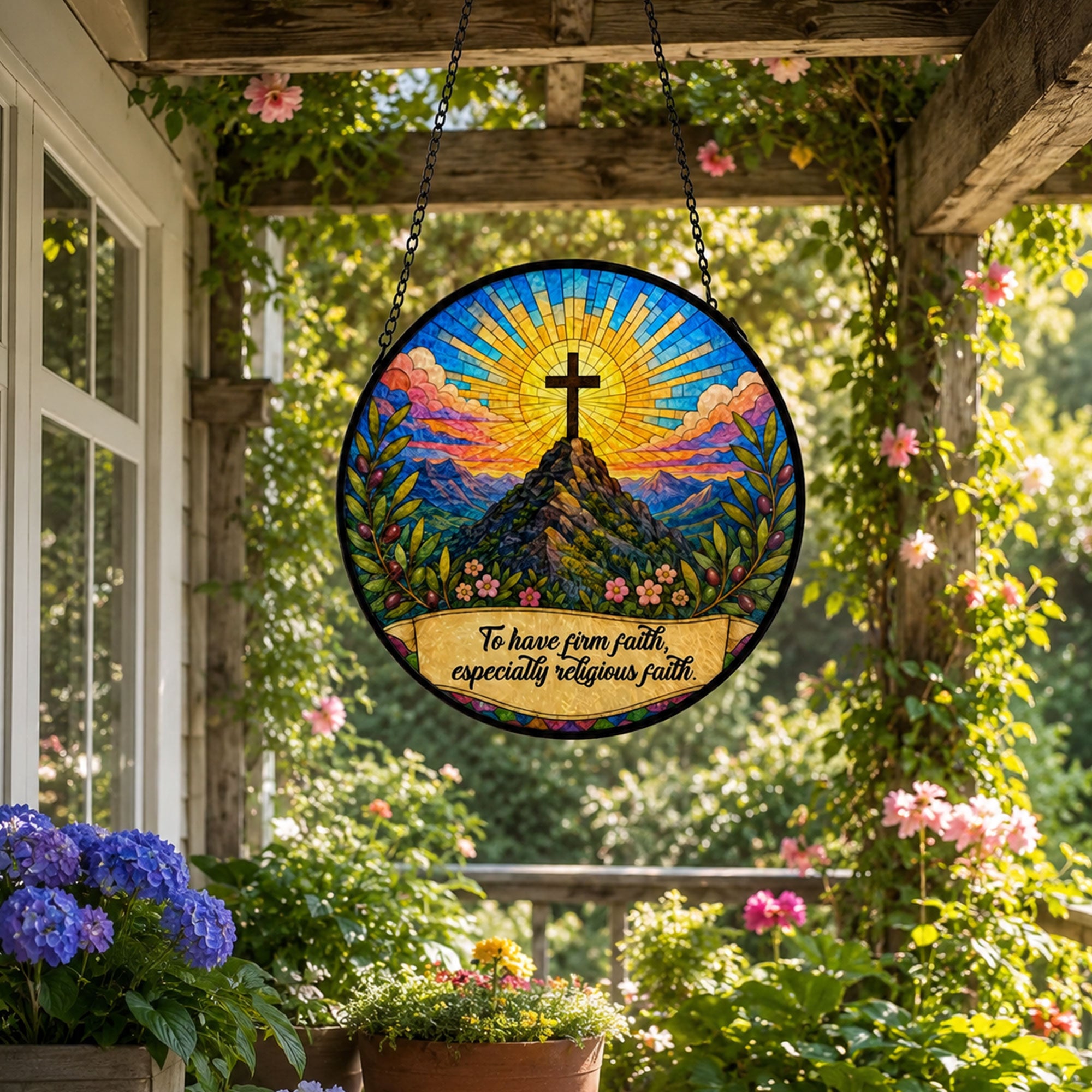 Firm Faith Christian Cross Suncatcher, Mountain Sunrise Window Hanging, Inspirational Religious Gift