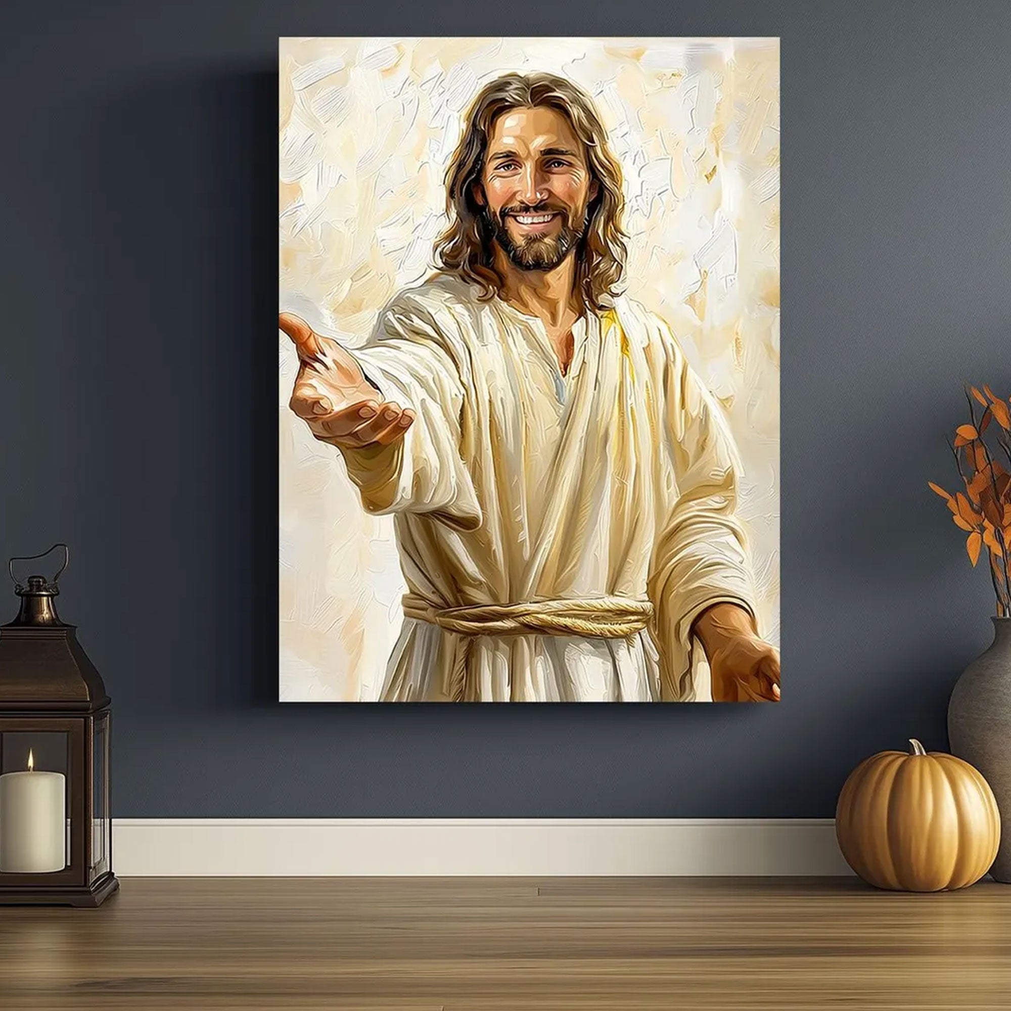 Smiling Jesus Welcoming Canvas Print, Open Arms Savior Wall Art, Christian Faith Home Decor, Religious Gift