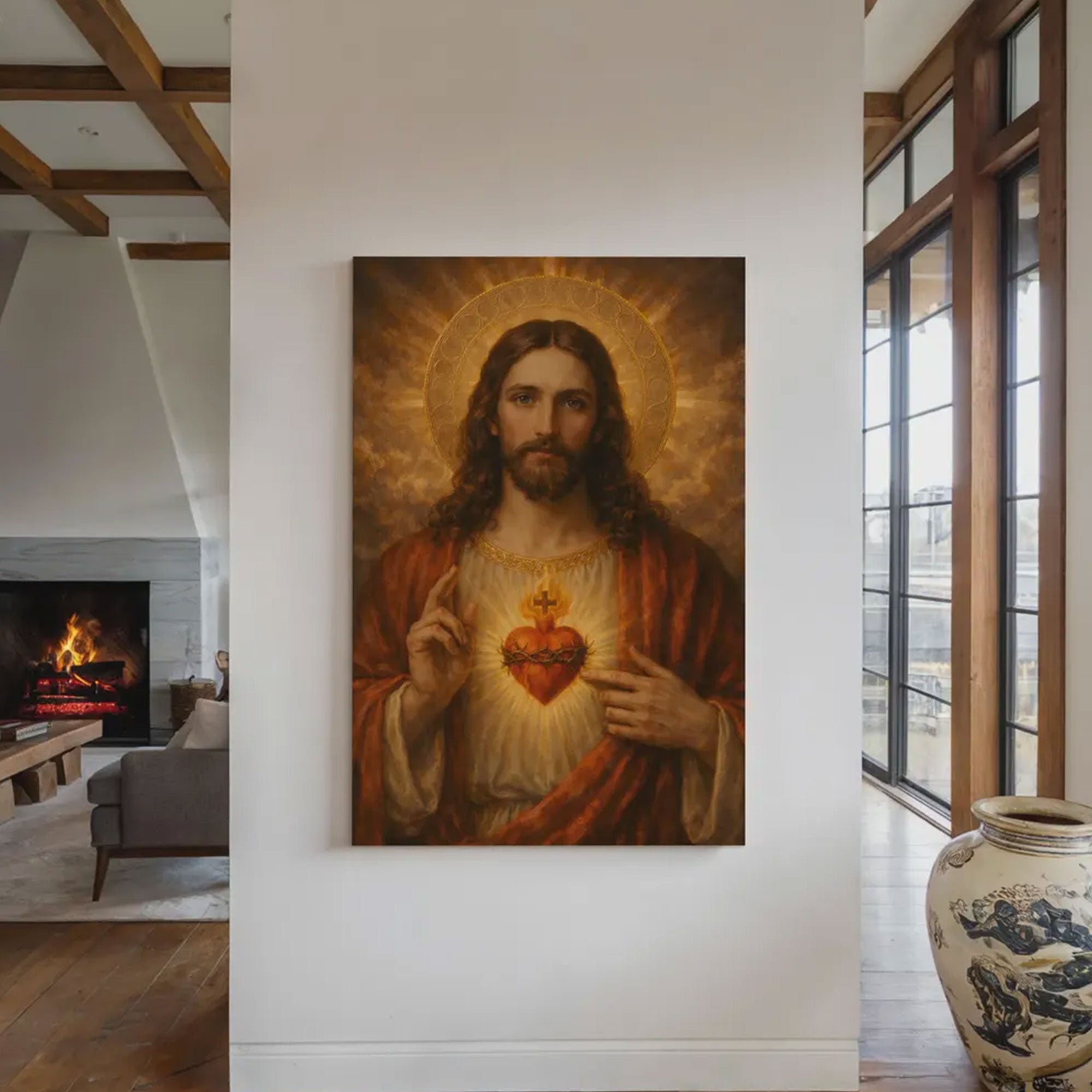 Jesus Sacred Heart Canvas Wall Art, Christian Religious Decor, Catholic Faith Home Decoration