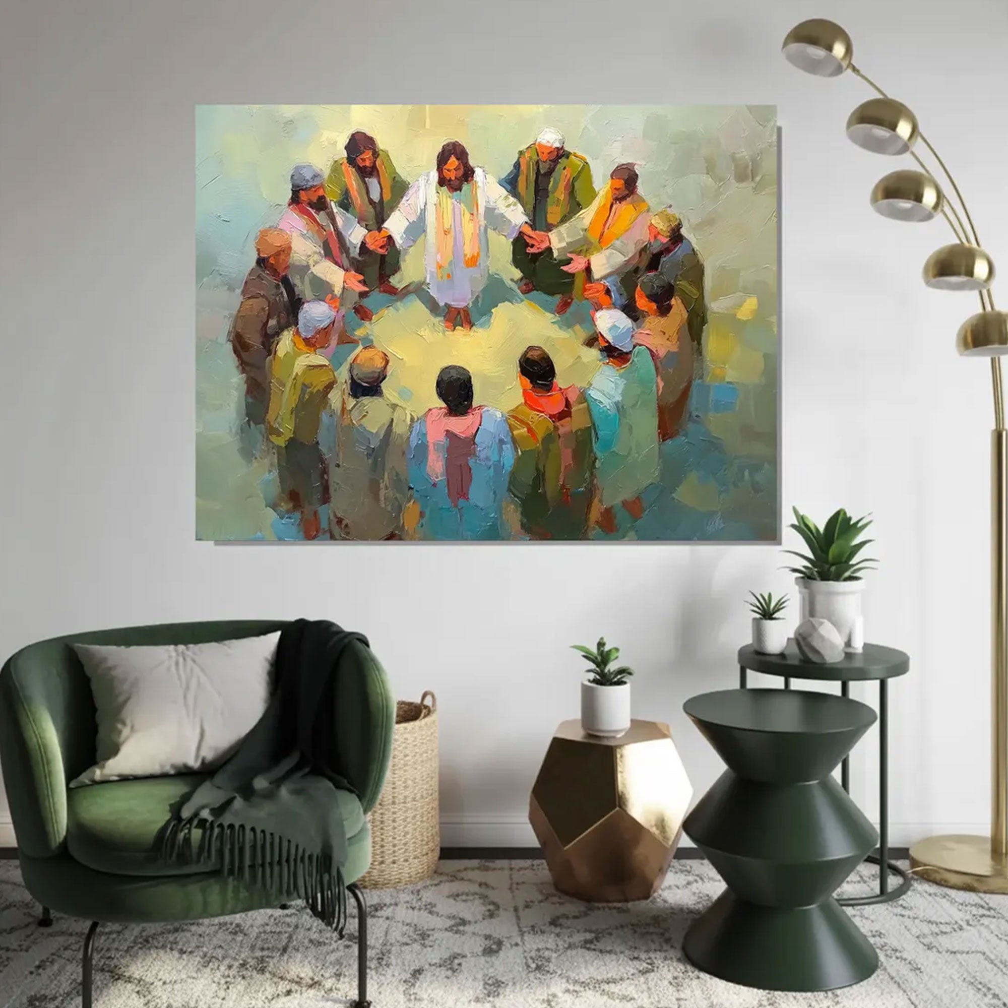 Jesus Praying with Disciples Expressionist Canvas Art, Christian Faith Wall Decor, Spiritual Religious Home Artwork