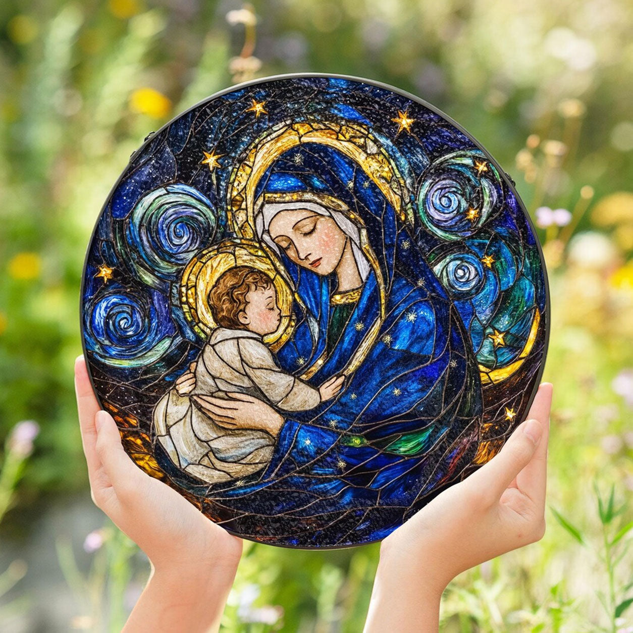 Virgin Mary and Baby Jesus Suncatcher, Starry Night Catholic Window Hanging, Christian Gift for Mom