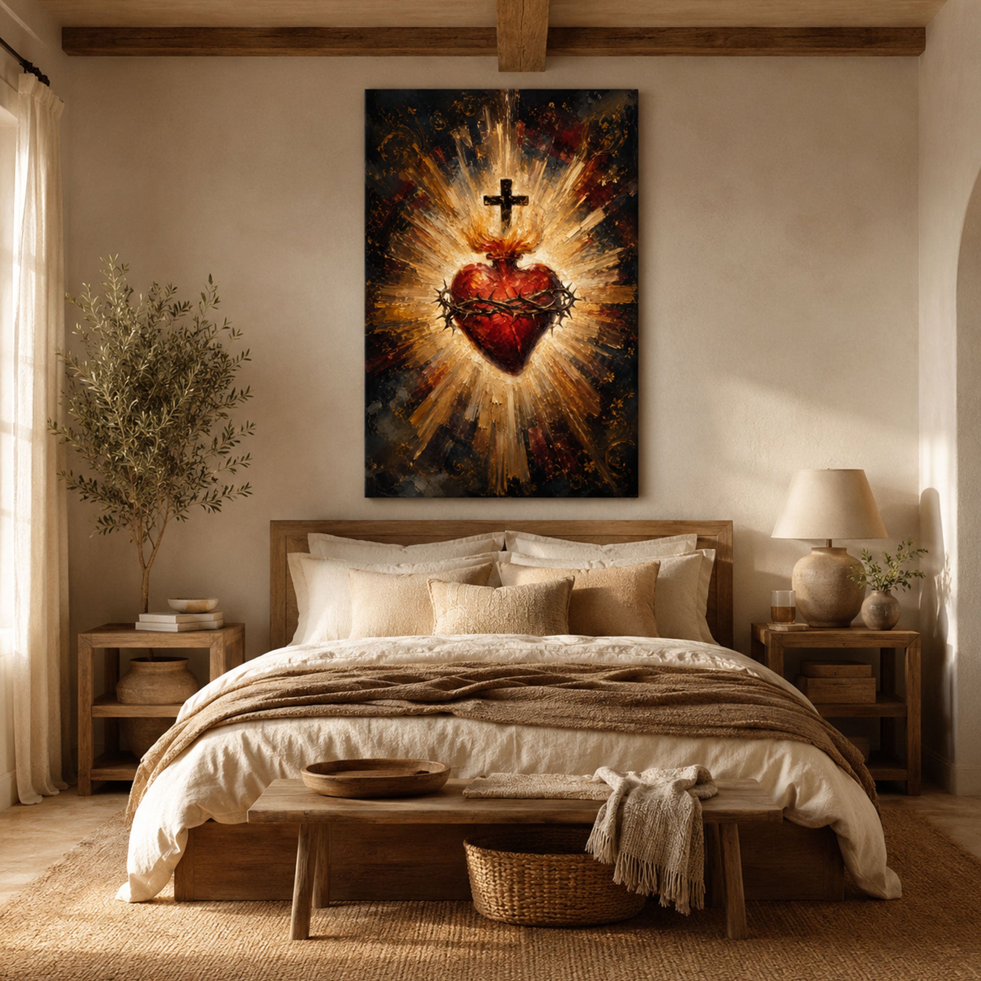 Sacred Heart of Jesus Canvas Print, Catholic Christian Wall Art, Flaming Heart with Crown of Thorns, Religious Home Decor Gift