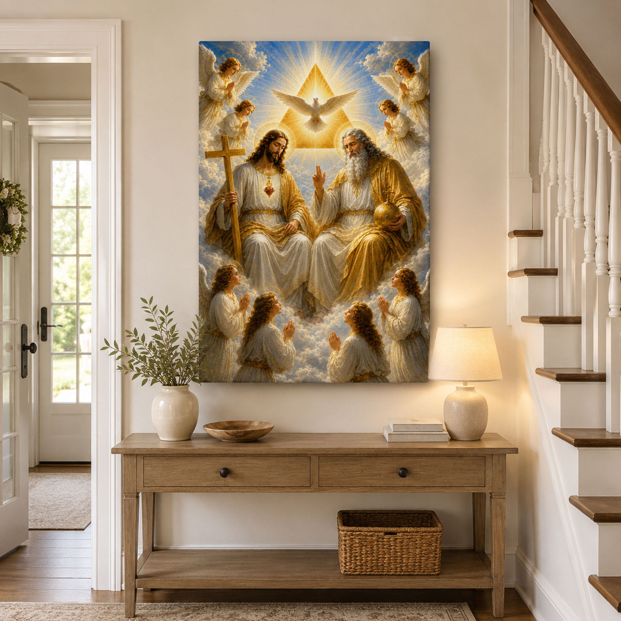 Holy Trinity with Angels Canvas Print, Catholic Christian Wall Art, Heavenly Faith Home Decor Gift