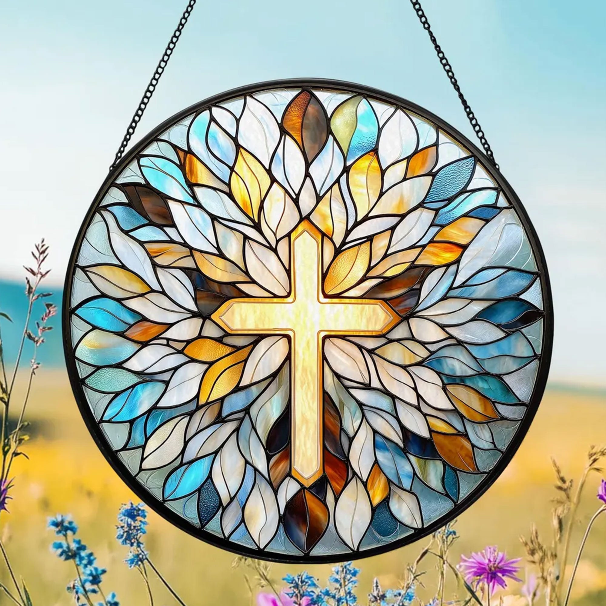 Stained Glass Cross Suncatcher, Spiritual Christian Window Decor, Faith-Based Home Accent Gift
