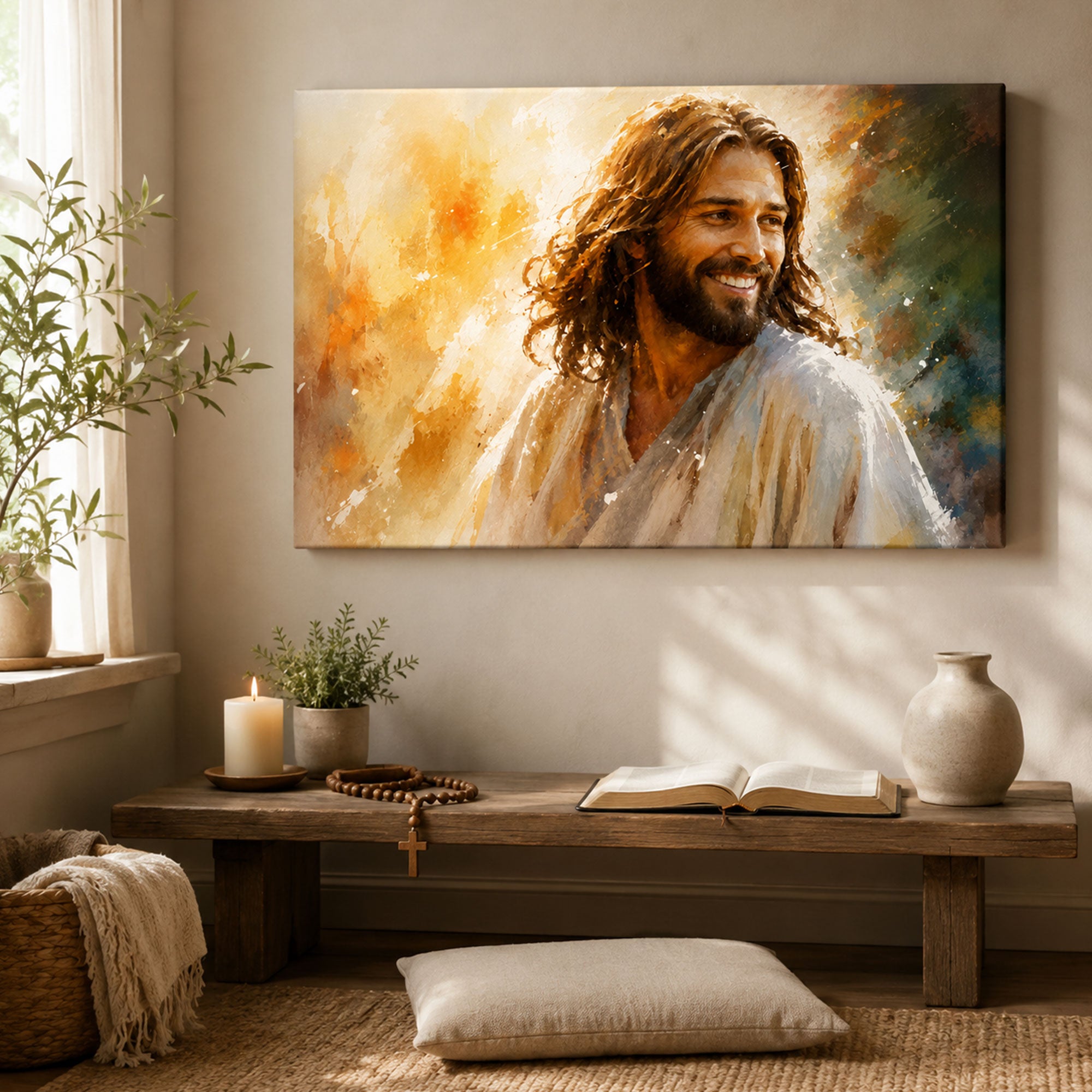 Smiling Jesus Portrait Canvas Print, Joyful Christian Wall Art, Peaceful Faith Home Decor